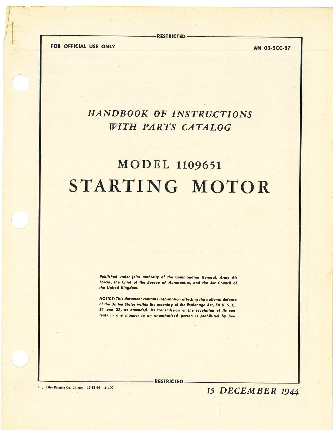 Sample page 1 from AirCorps Library document: Handbook of Instructions with Parts Catalog for Model 1109651 Starting Motor