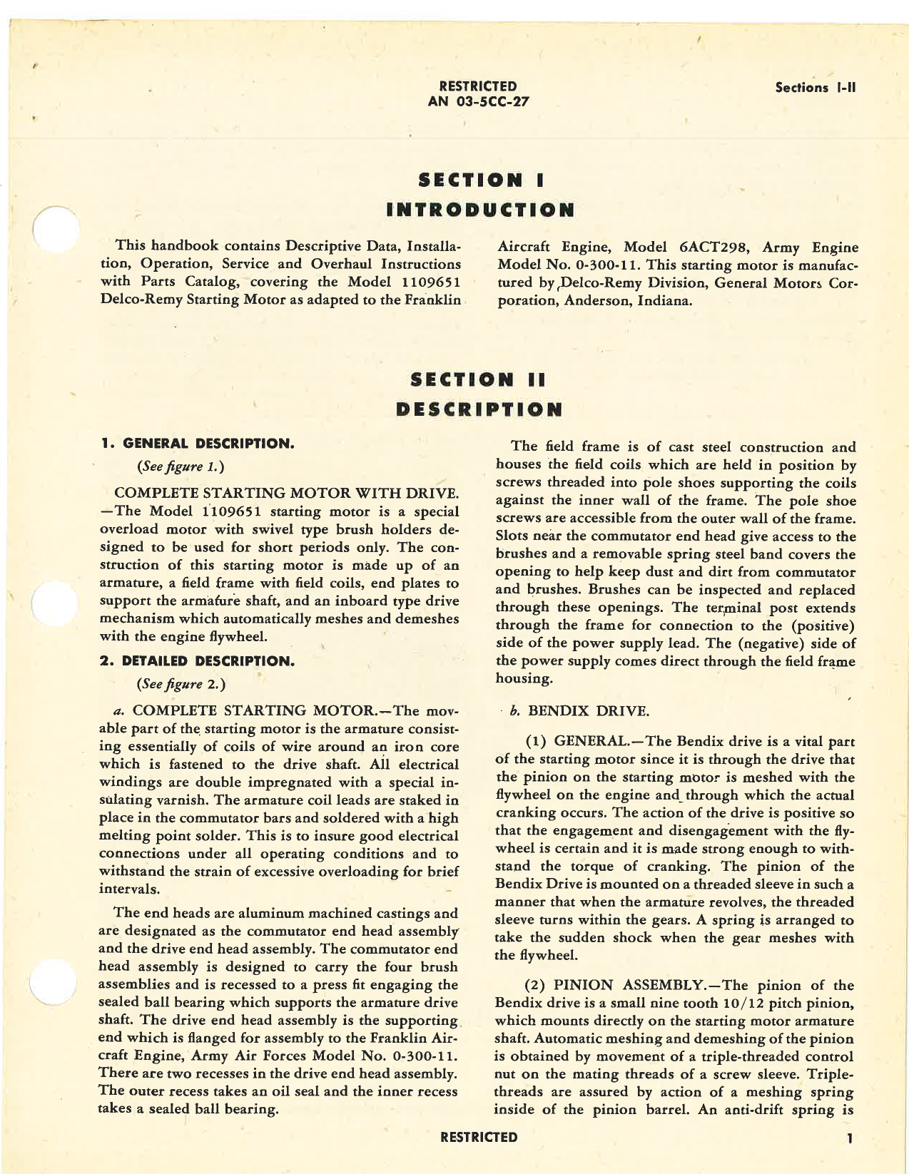 Sample page 5 from AirCorps Library document: Handbook of Instructions with Parts Catalog for Model 1109651 Starting Motor