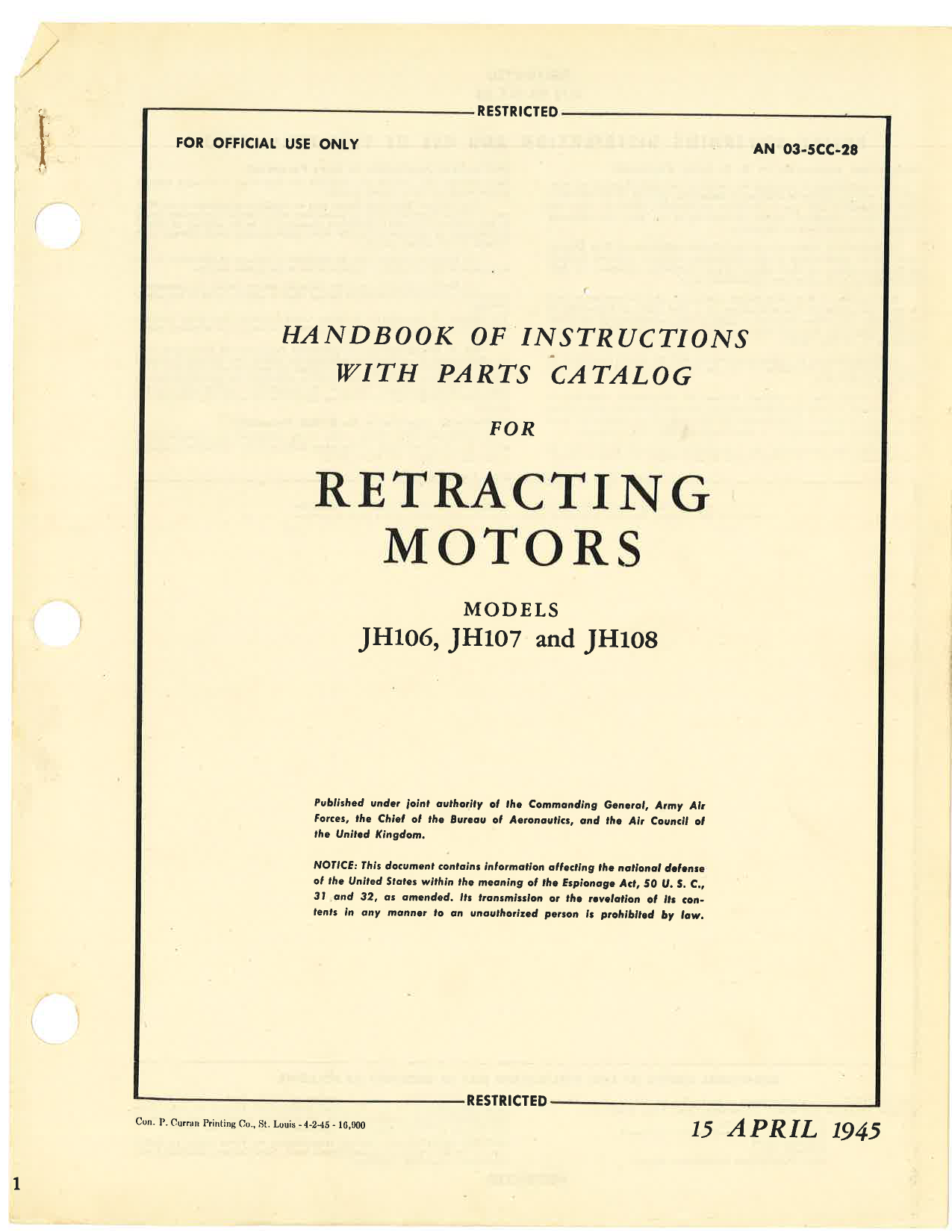 Sample page 1 from AirCorps Library document: Handbook of Instructions with Parts Catalog for Retracting Motors Models JH106, JH107, and JH108