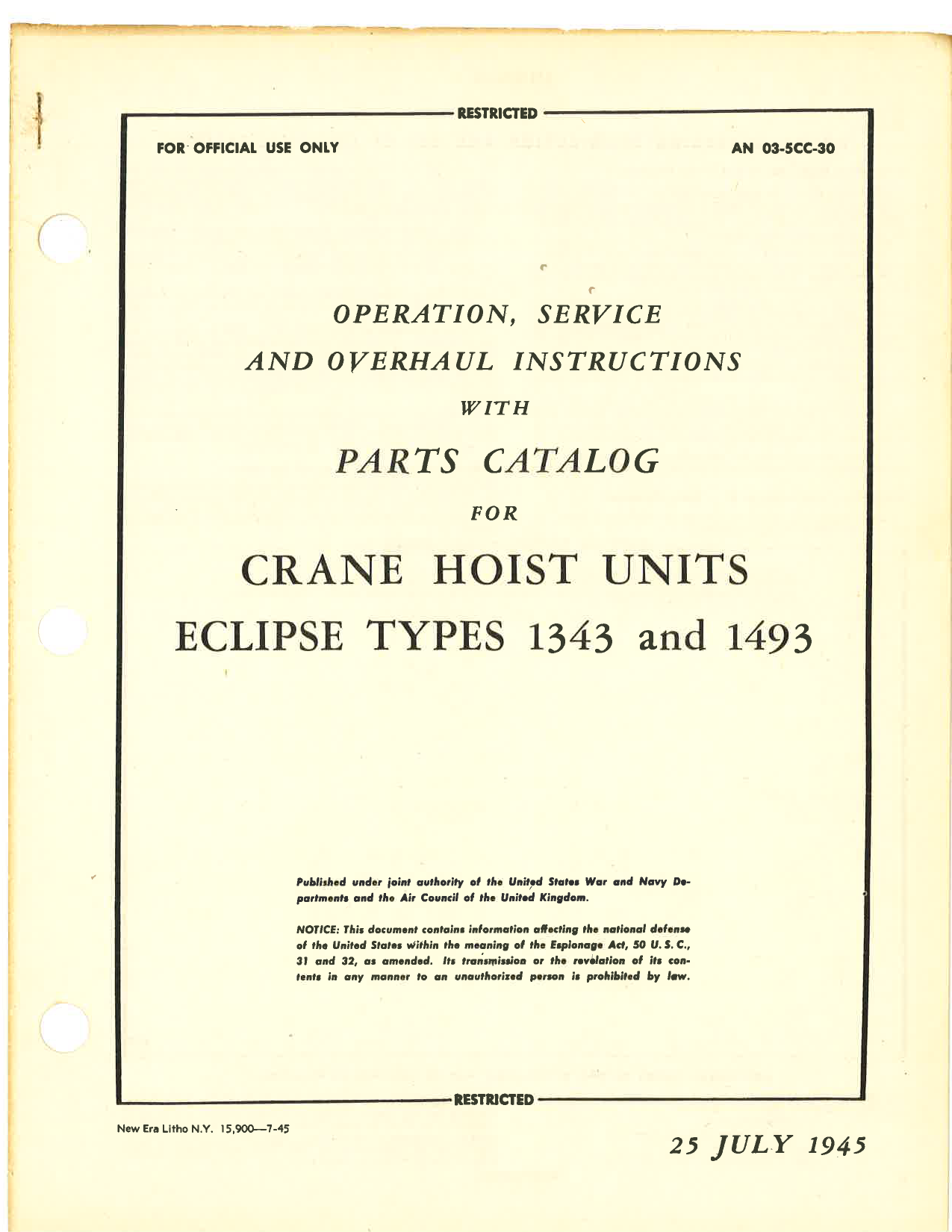 Sample page 1 from AirCorps Library document: Operation, Service & Overhaul Instructions with Parts Catalog for Crane Hoist Units