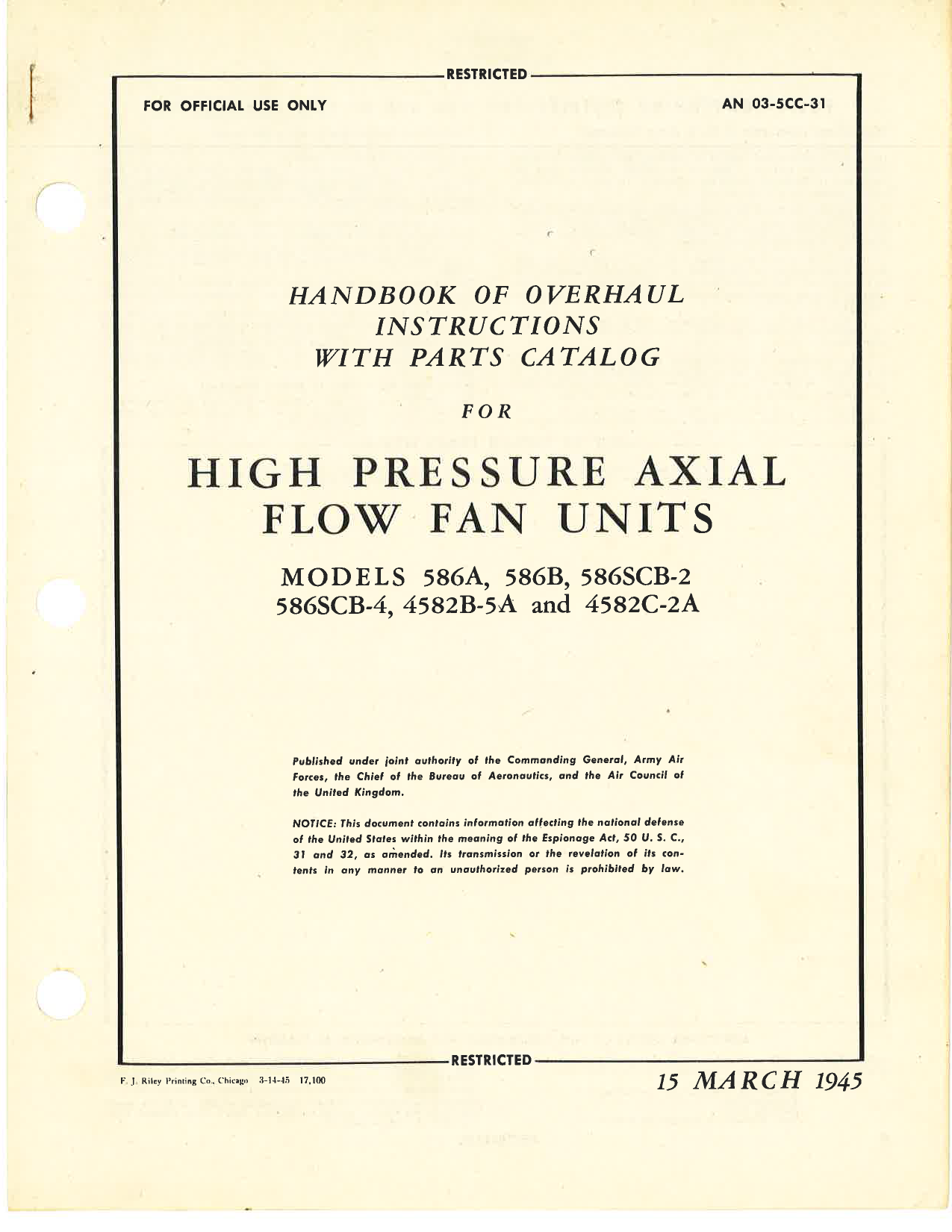 Sample page 1 from AirCorps Library document: Overhaul Instructions with Parts Catalog for High Pressure Axial Flow Fan Units