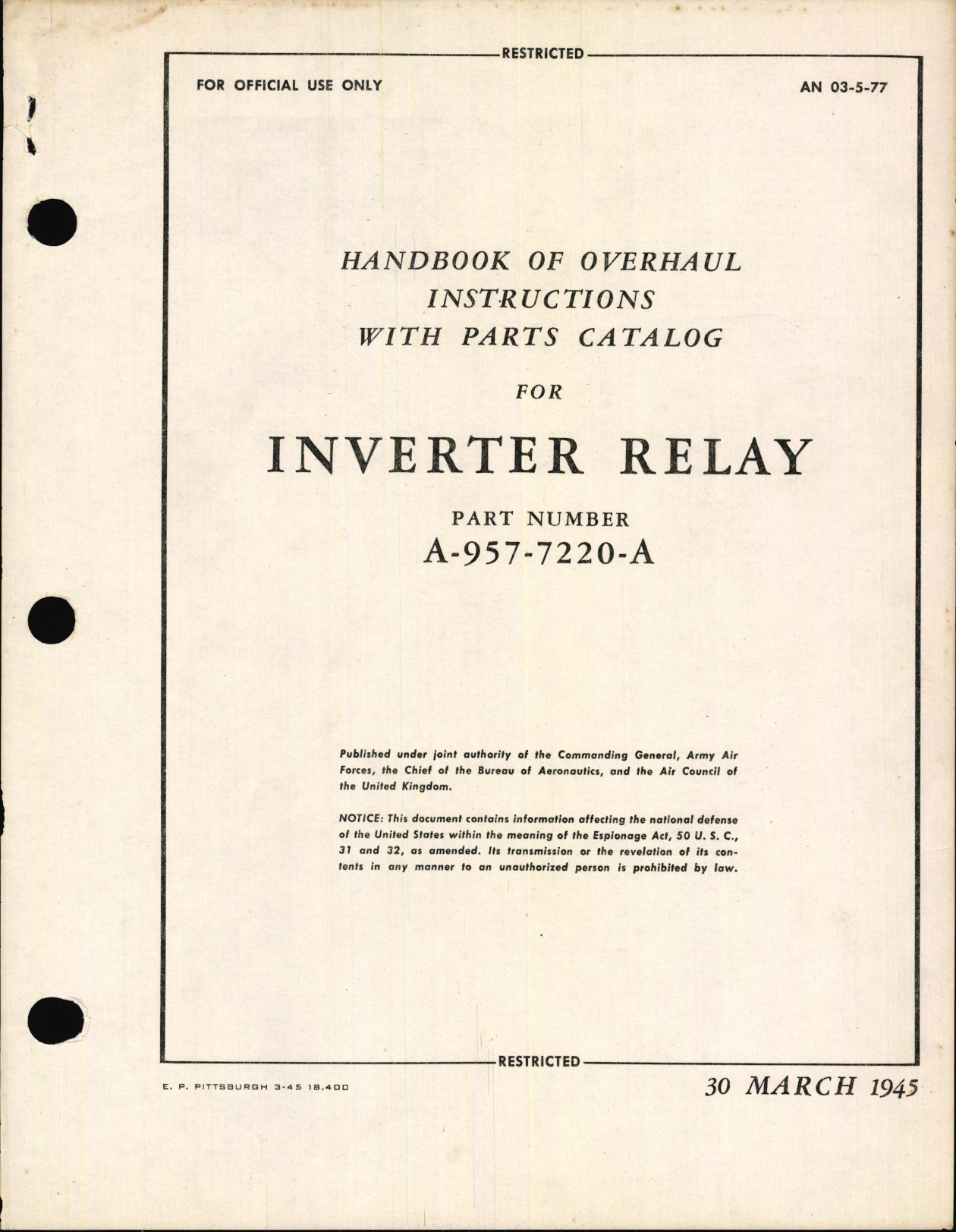 Sample page 1 from AirCorps Library document: Overhaul Instructions with Parts Catalog for Inverter Relay A-957-7220-A
