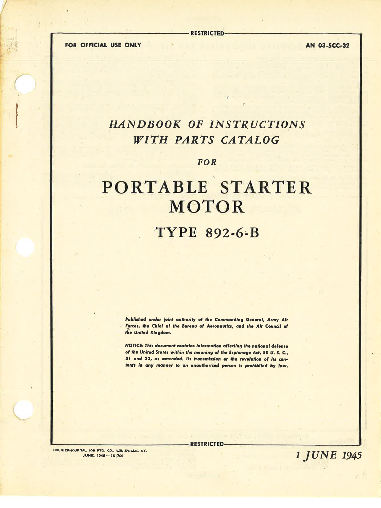 Sample page 1 from AirCorps Library document: Handbook of Instructions with Parts Catalog for Portable Starter Motor Type 892-6-B