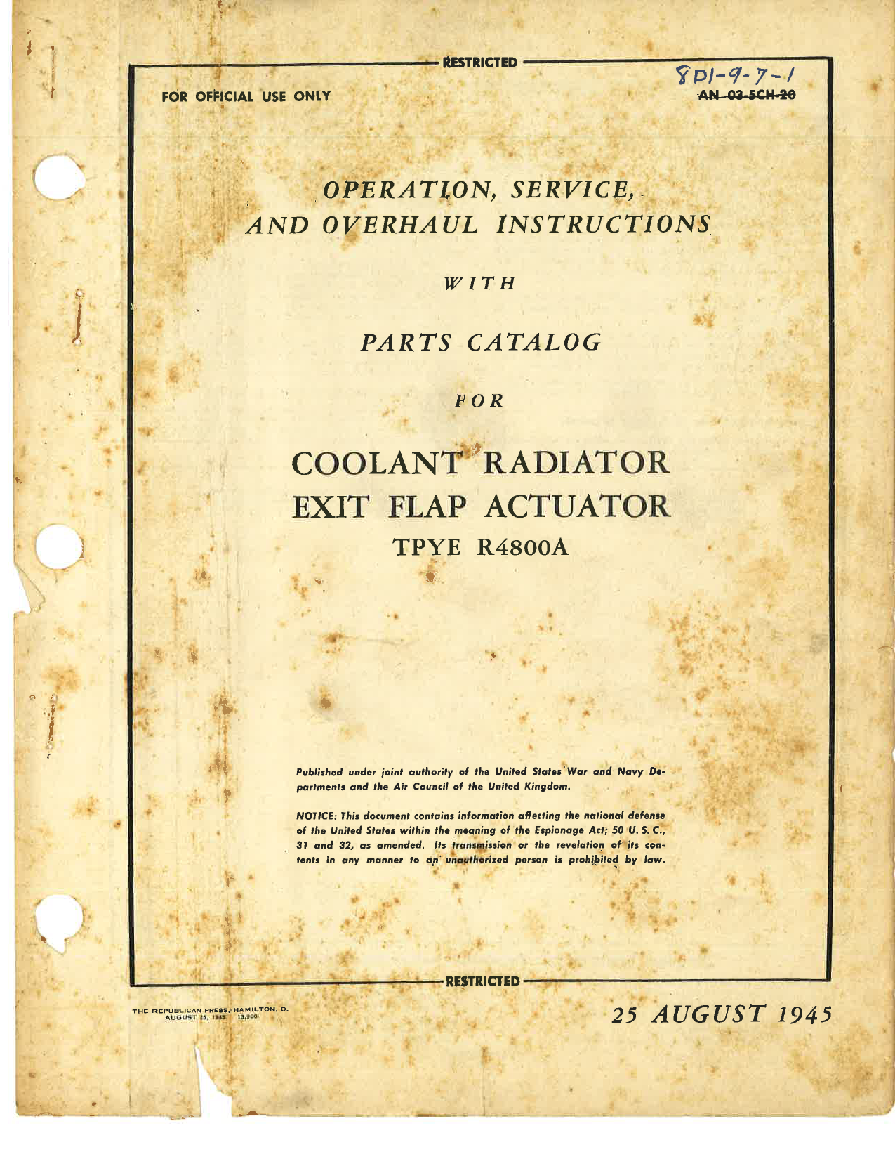 Sample page 1 from AirCorps Library document: Operation, Service & Overhaul Instructions with Parts Catalog for Coolant Radiator Exit Flap Actuator Type R4800A