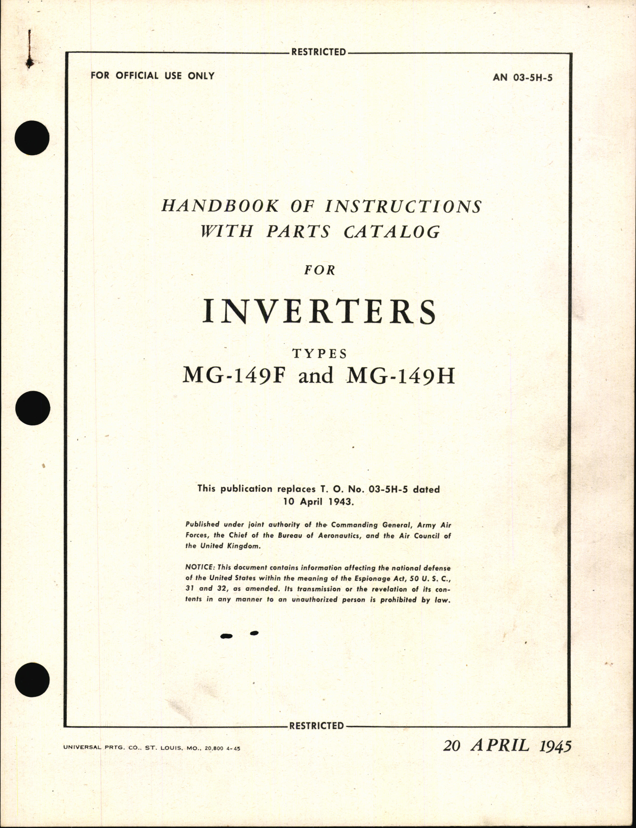 Sample page 1 from AirCorps Library document: Handbook of Instructions with Parts Catalog for Inverters, Types MG-149F and MG-149H