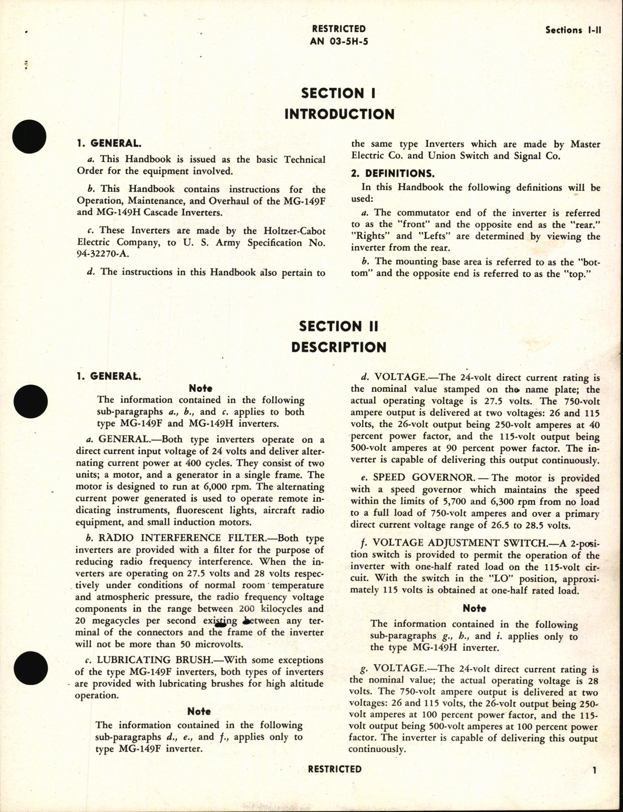 Sample page 5 from AirCorps Library document: Handbook of Instructions with Parts Catalog for Inverters, Types MG-149F and MG-149H