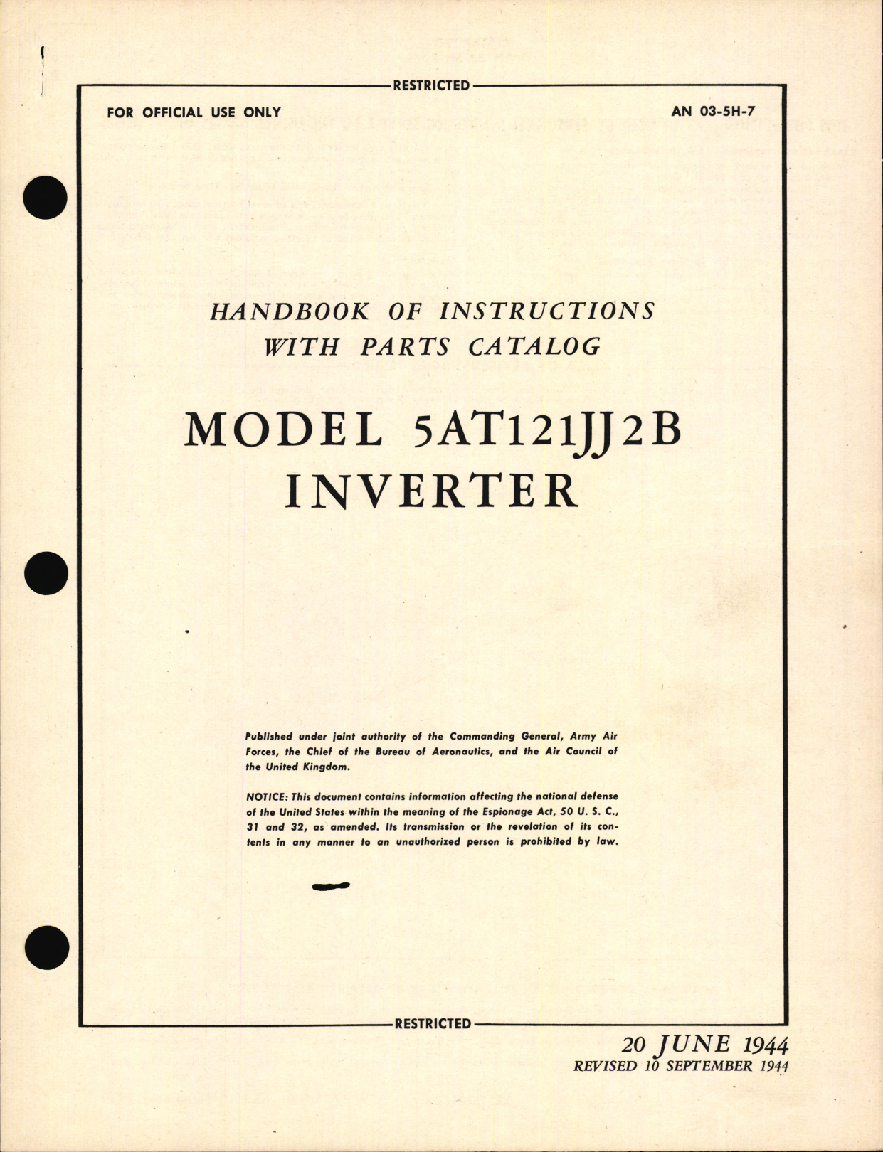 Sample page 1 from AirCorps Library document: Handbook of Instructions with Parts Catalog for Model 5AT121JJ2B Inverter