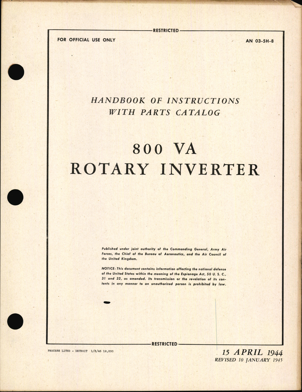 Sample page 1 from AirCorps Library document: Handbook of Instructions with Parts Catalog for 800 VA Rotary Inverter