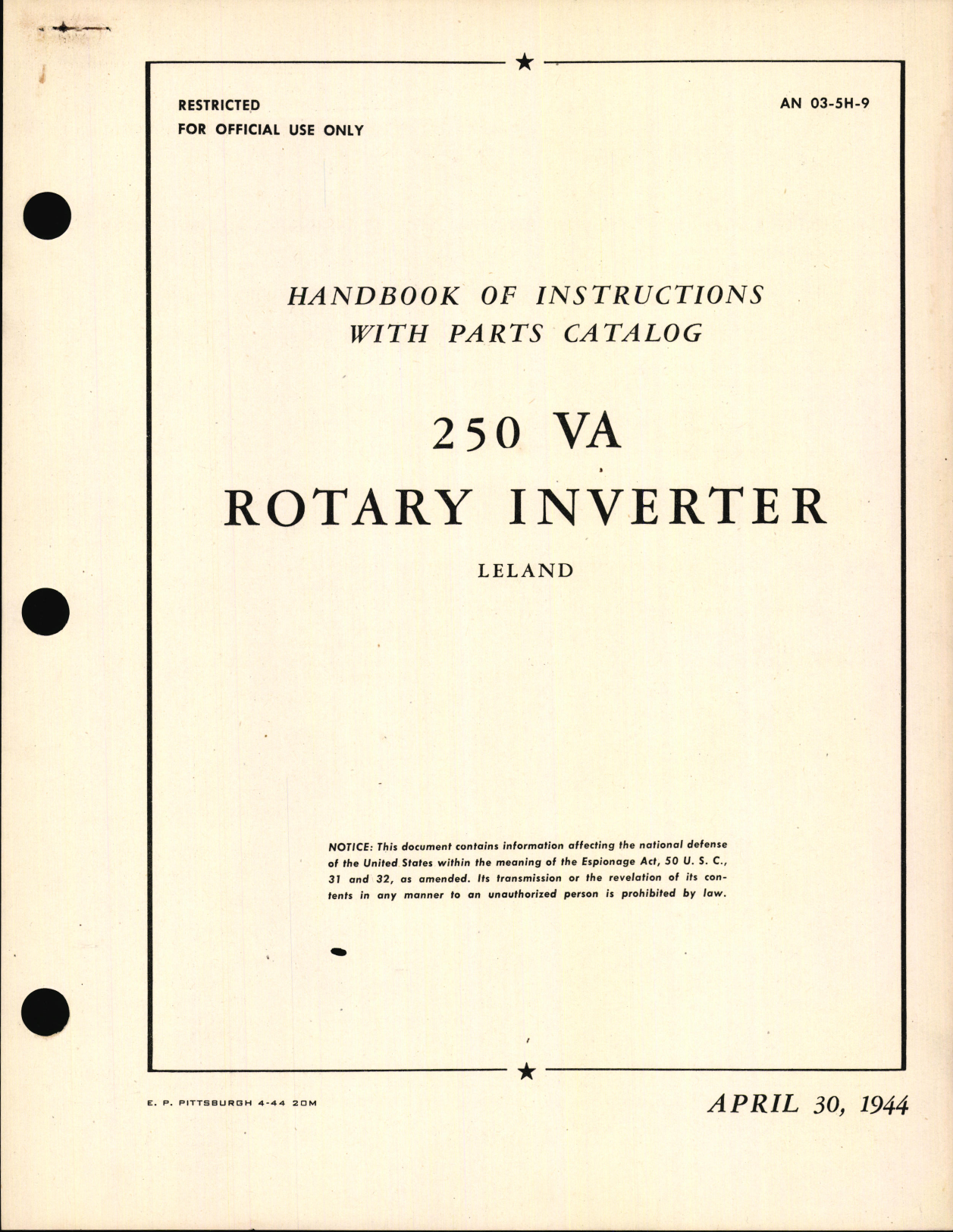 Sample page 1 from AirCorps Library document: Handbook of Instructions with Parts Catalog for 250 VA Rotary Inverter