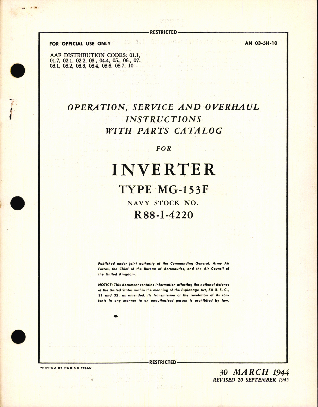 Sample page 1 from AirCorps Library document: Operation, Service & Overhaul Instructions with Parts Catalog for Inverter Type MG-153F (R88-I-4220)