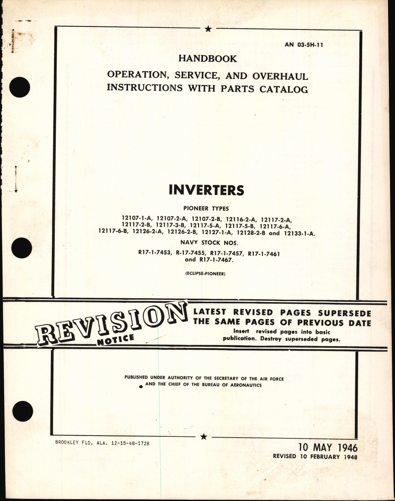 Sample page 1 from AirCorps Library document: Operation, Service & Overhaul Instructions with Parts Catalog for Pioneer Inverters