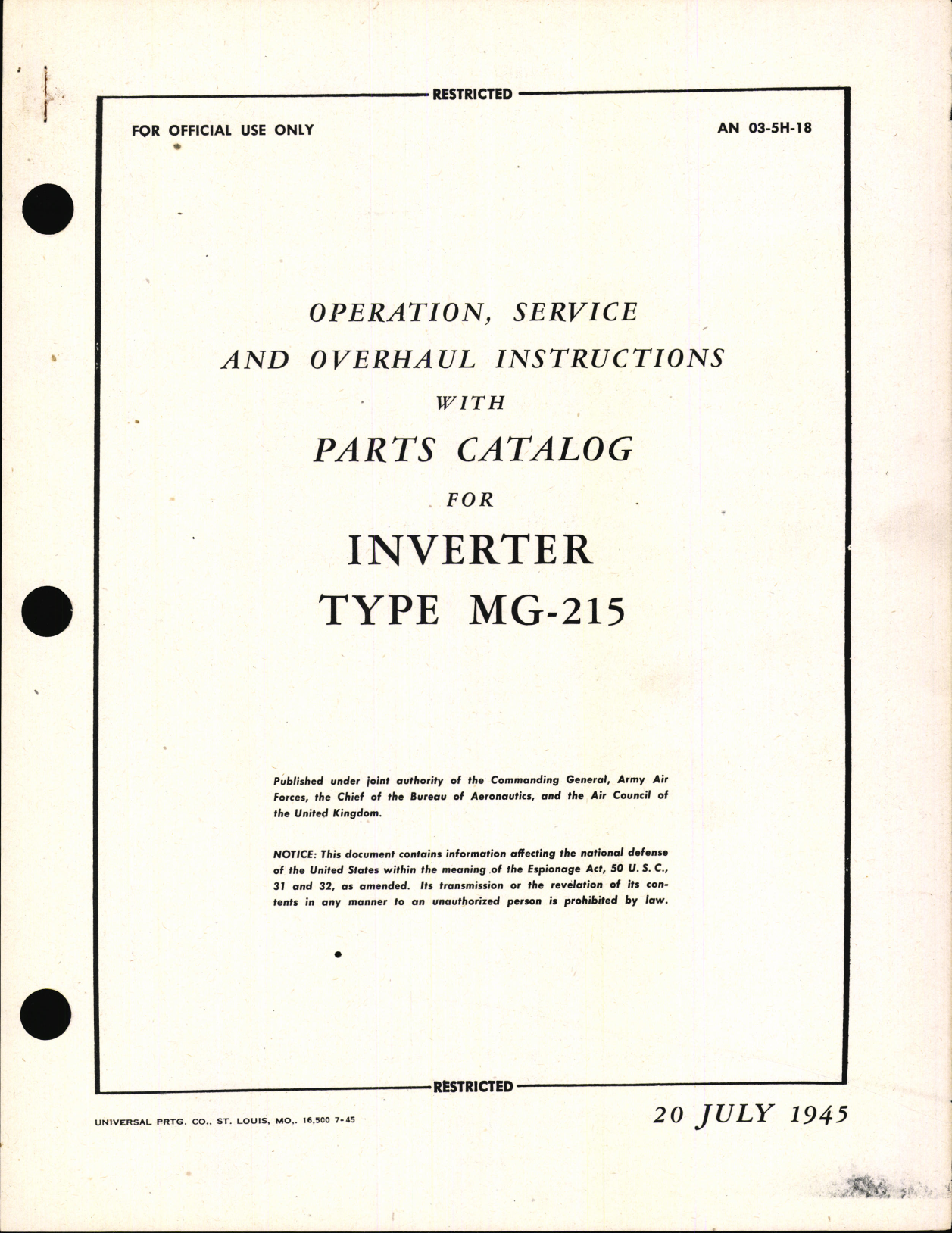 Sample page 1 from AirCorps Library document: Operation, Service & Overhaul Instructions with Parts Catalog for Inverter Type MG-215
