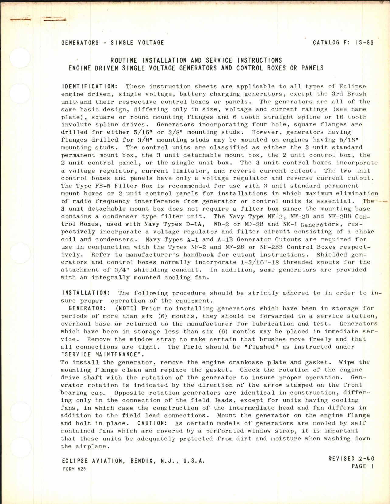 Sample page 1 from AirCorps Library document: Routine Installation and Service Instructions for Engine Driven Single Voltage Generators and Control Boxes or Panels