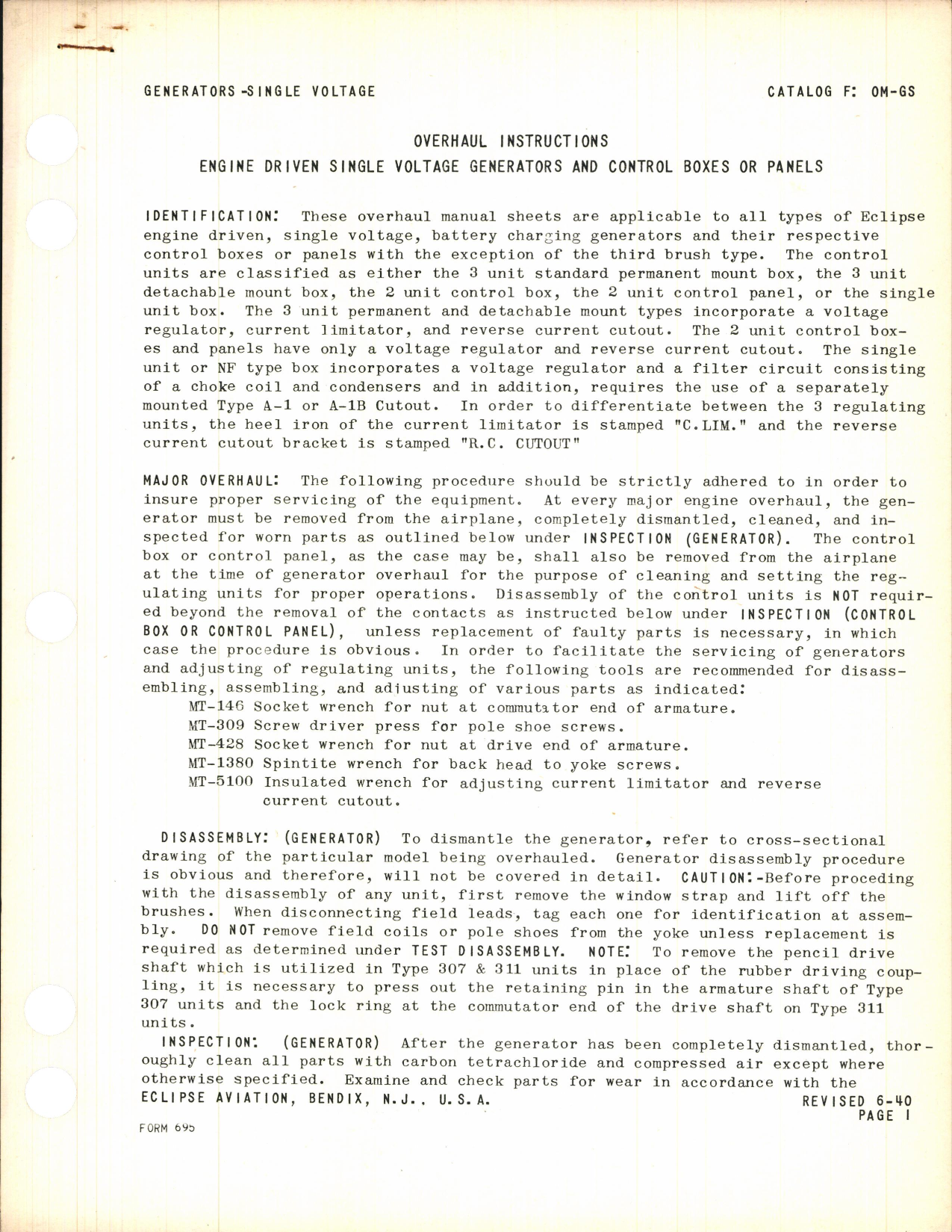 Sample page 1 from AirCorps Library document: Overhaul Instructions for Engine Driven Single Voltage Generators and Control Boxes or Panels