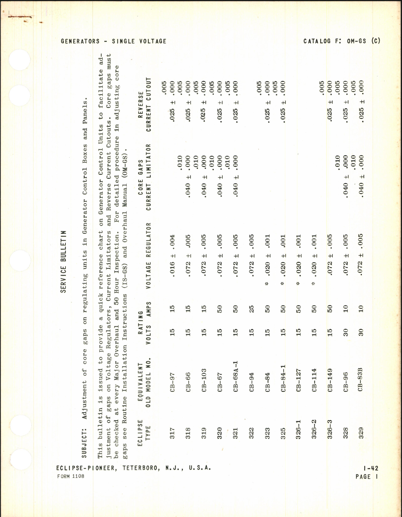 Sample page 1 from AirCorps Library document: Adjustment of Core Gaps on Regulating Units in Generator Control Boxes and Panels