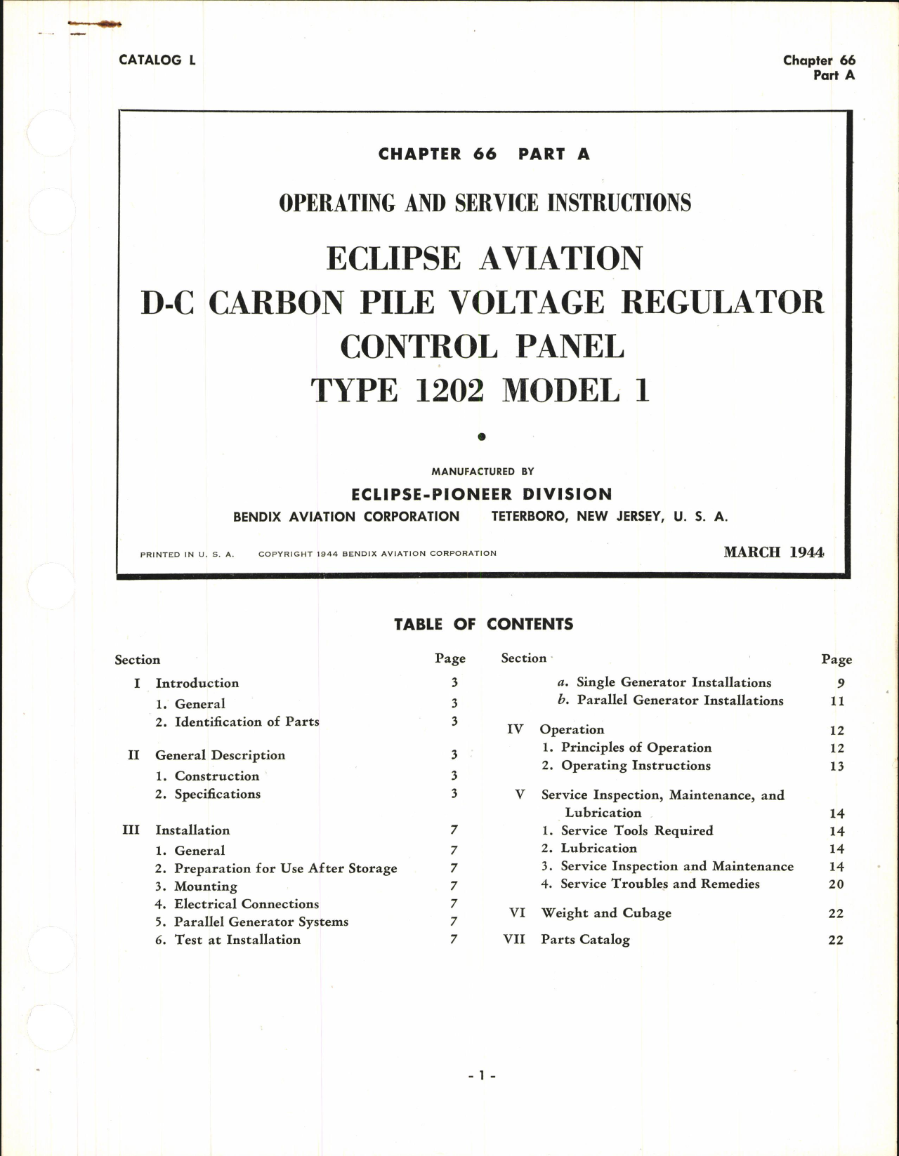 Sample page 1 from AirCorps Library document: Operating and Service Instructions for D-C Carbon Pile Voltage Regulator Control Panel Type 1202 Model 1