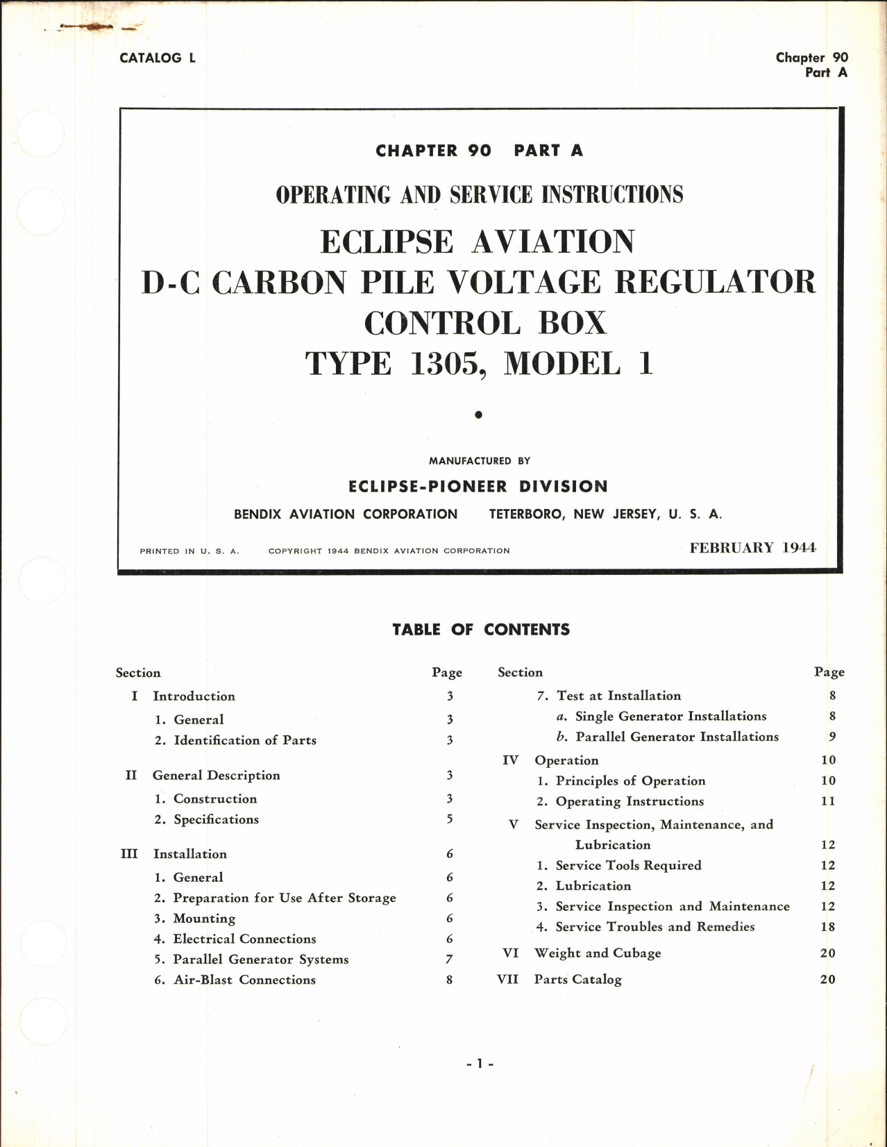Sample page 1 from AirCorps Library document: Operating and Service Instructions for D-C Carbon Pile Voltage Regulator Control Box Type 1305, Model 1