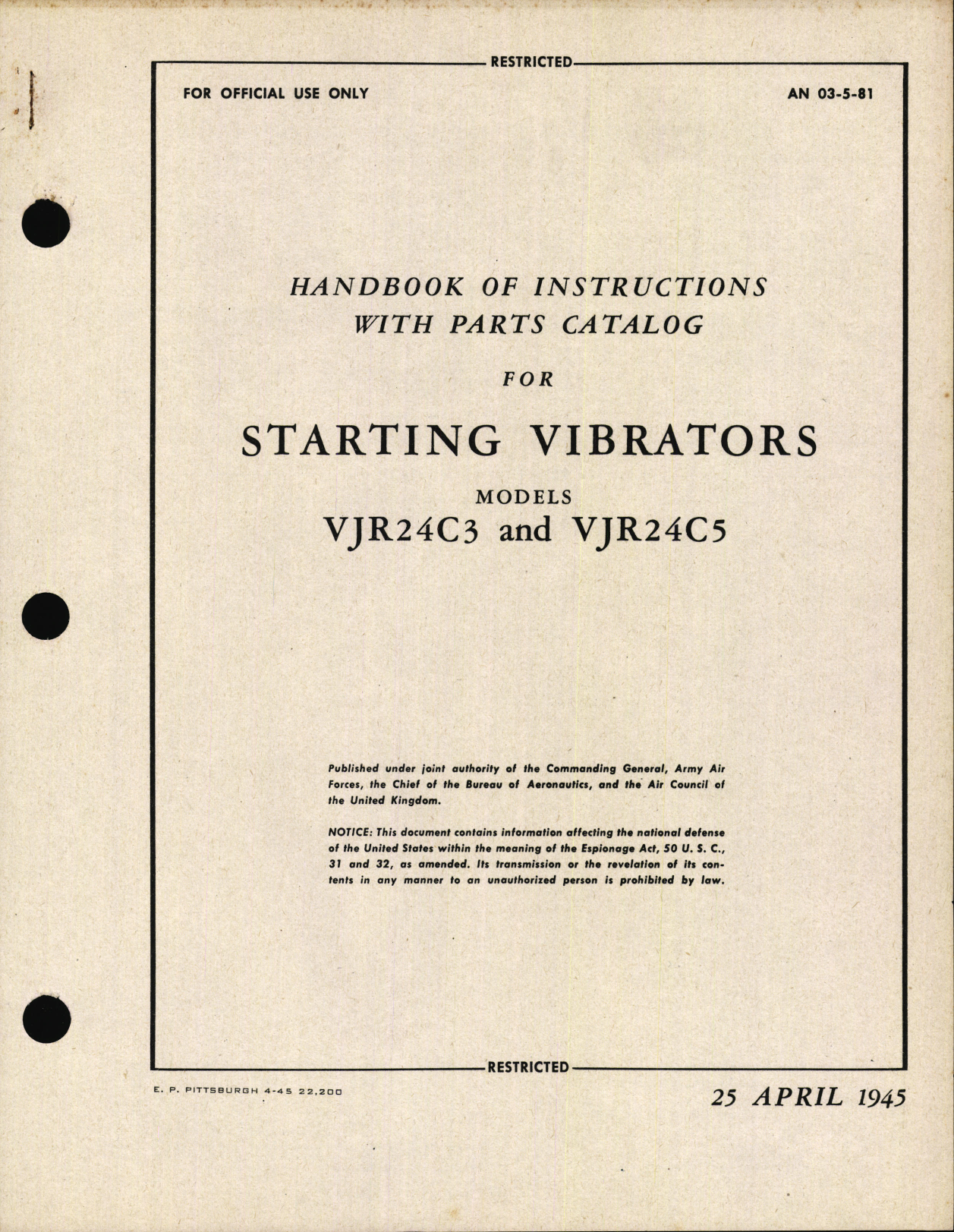 Sample page 1 from AirCorps Library document: Handbook of Instructions with Parts Catalog for Starting Vibrators VJR4C3 and VJR24C5