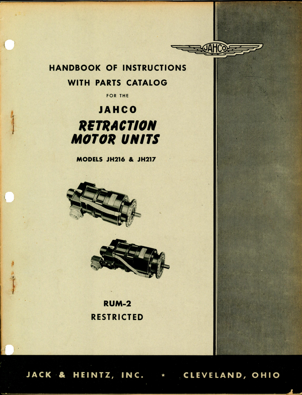 Sample page 1 from AirCorps Library document: Handbook of Instructions with Parts Catalog for Jahco Retraction Motor Units Model JH216 and JH217