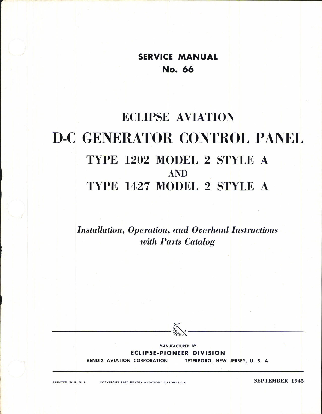 Sample page 1 from AirCorps Library document: Service Manual for D-C Generator Control Panel Type 1202 and 1427, Model 2, Style A