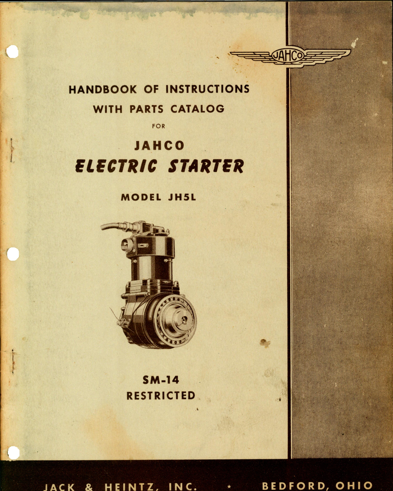 Sample page 1 from AirCorps Library document: Handbook of Instructions with Parts Catalog for Jahco Electric Starters Model JH5L