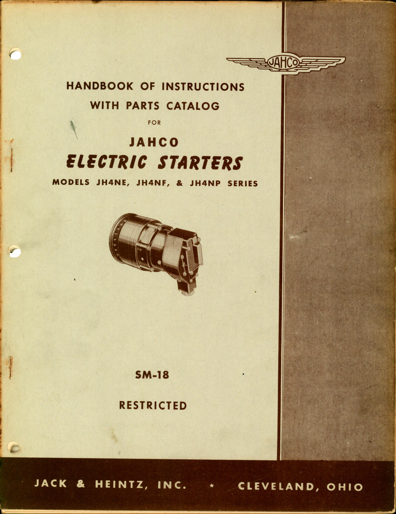 Sample page 1 from AirCorps Library document: Handbook of Instructions with Parts Catalog for Jahco Electric Starters Models JH4NE, JH4NF, and JH4NP Series