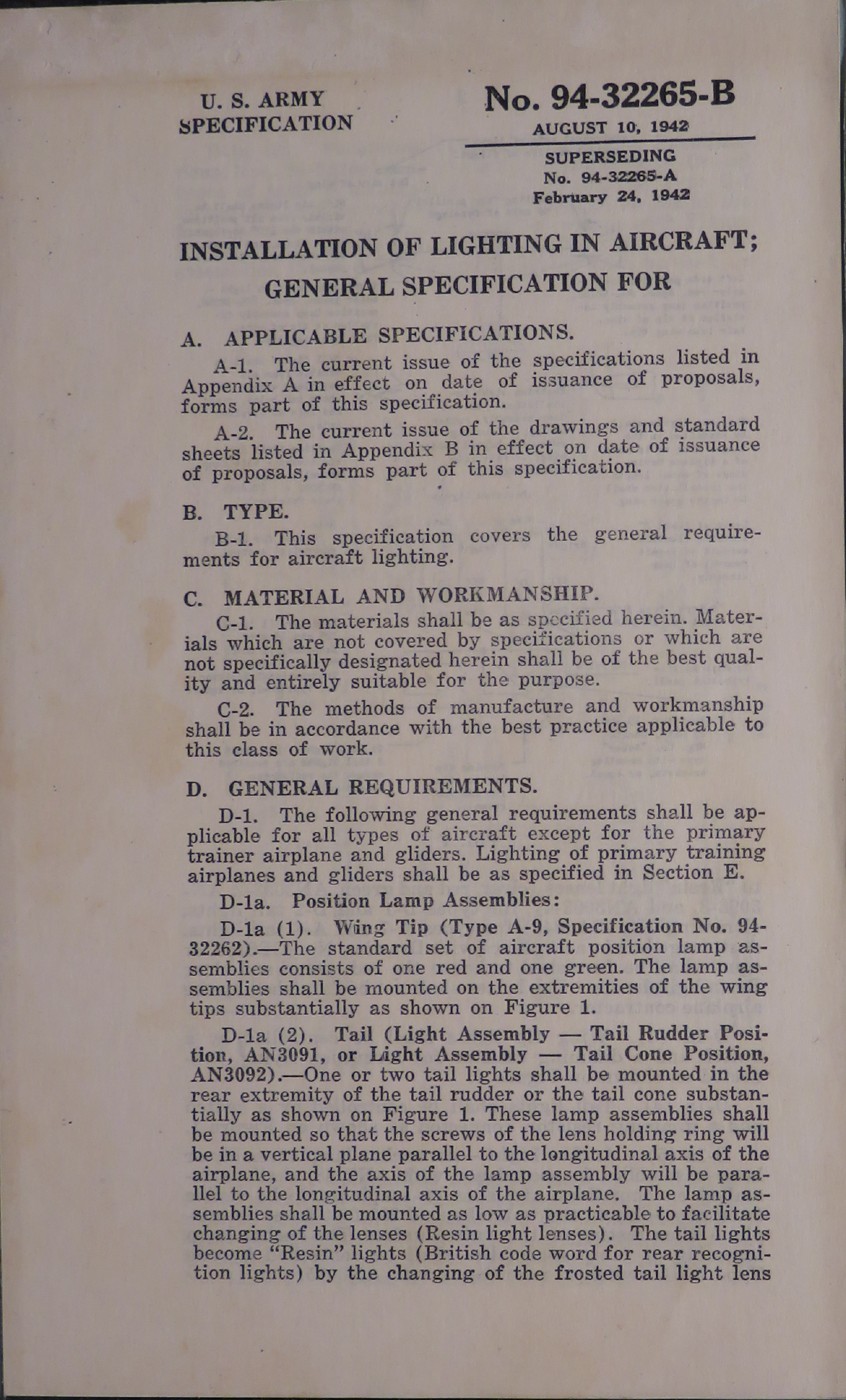 Sample page 1 from AirCorps Library document: General Specification for Installation of Lighting in Aircraft