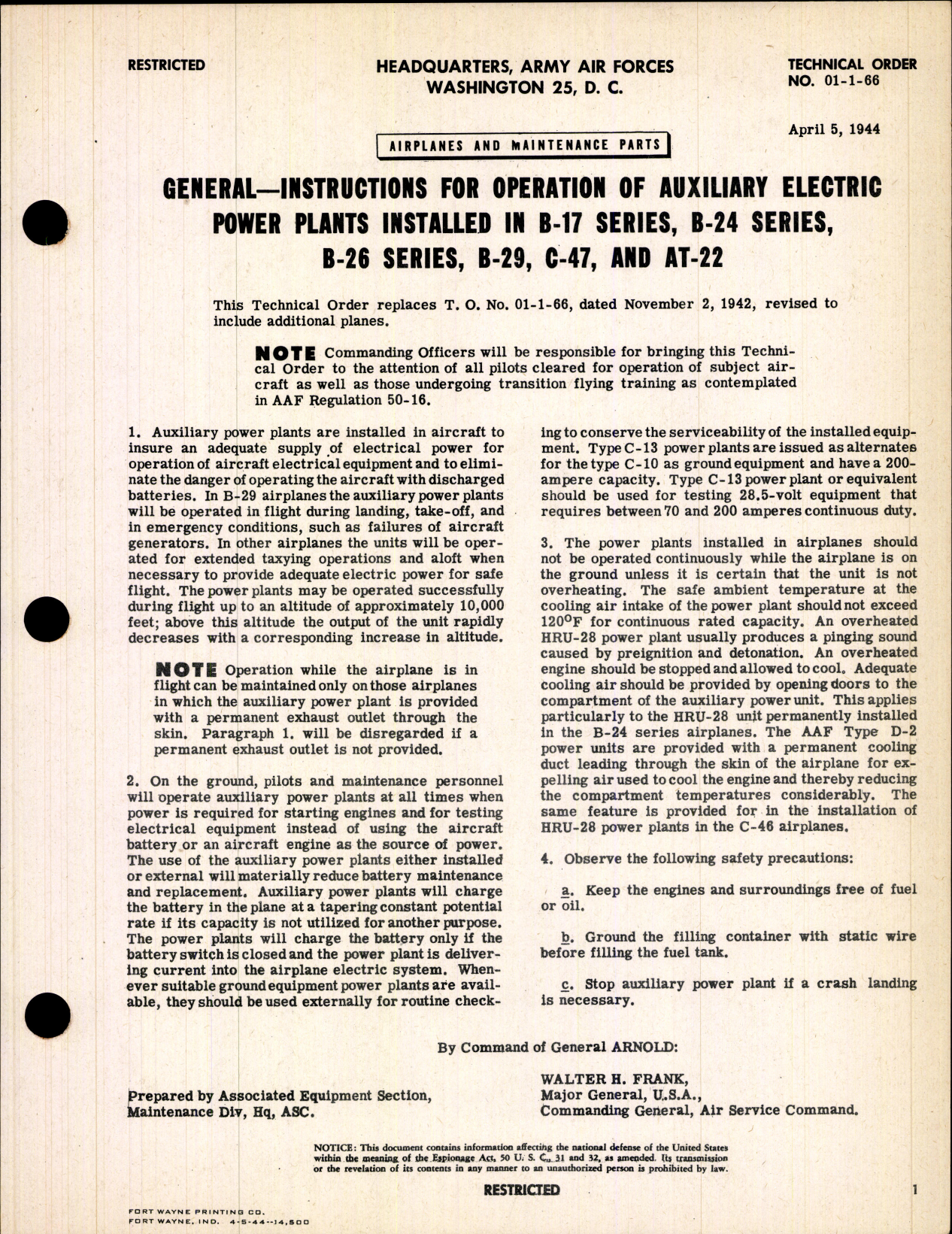 Sample page 1 from AirCorps Library document: Instructions for Operation of Auxiliary Electric Power Plants Installed in B-17, B-24, B-26, B-29, C-47, and AT-22 Series