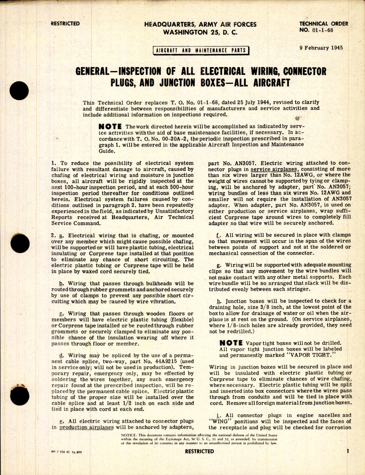 Sample page 1 from AirCorps Library document: Inspection of All Electrical Wiring, Connector Plugs, and Junction Boxes for All Aircraft