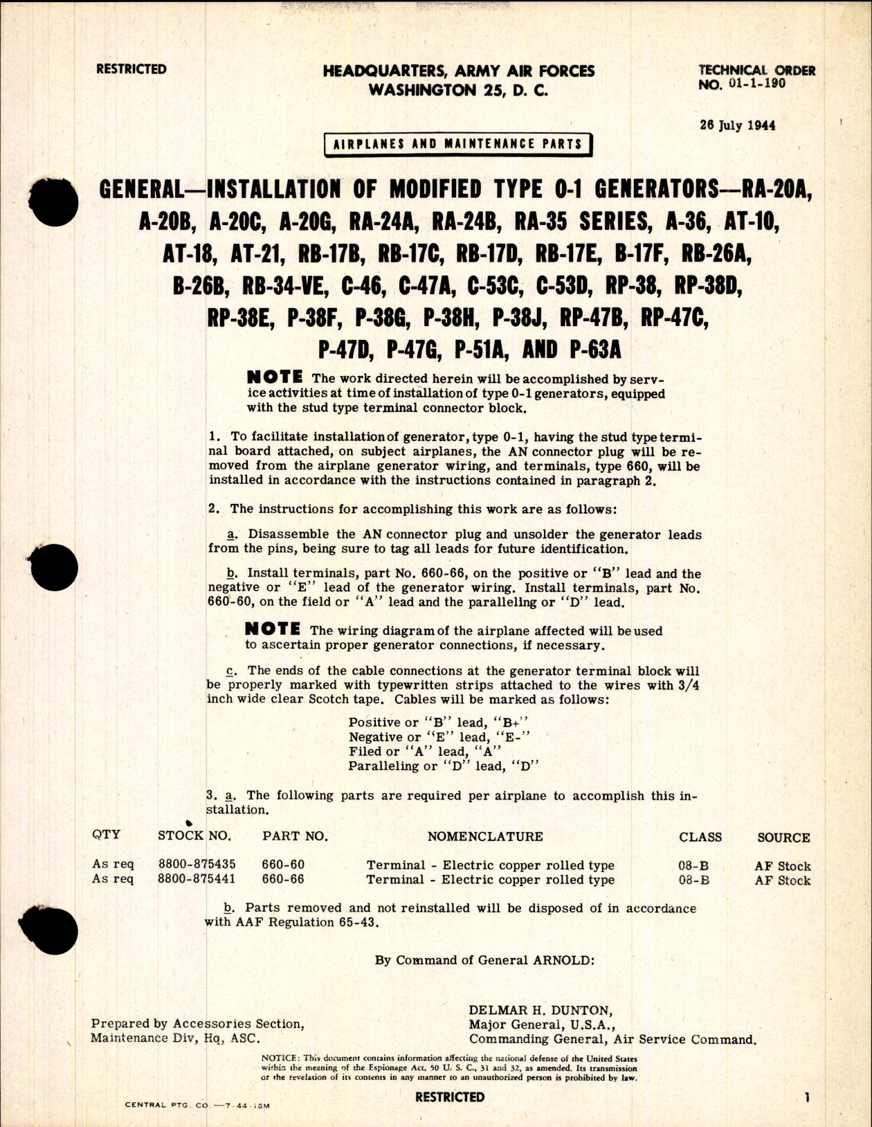 Sample page 1 from AirCorps Library document: Installation of Modified Type 0-1 Generators