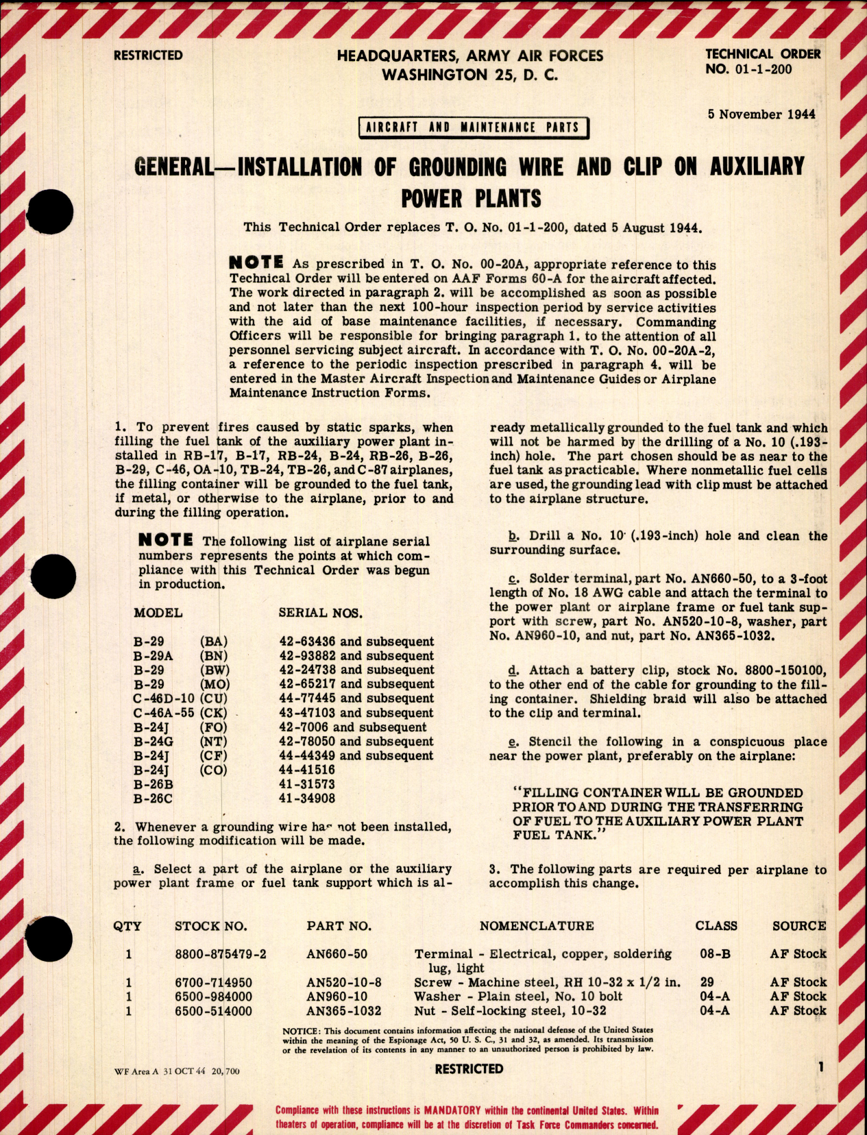 Sample page 1 from AirCorps Library document: Installation of Grounding Wire and Clip on Auxiliary Power Plants