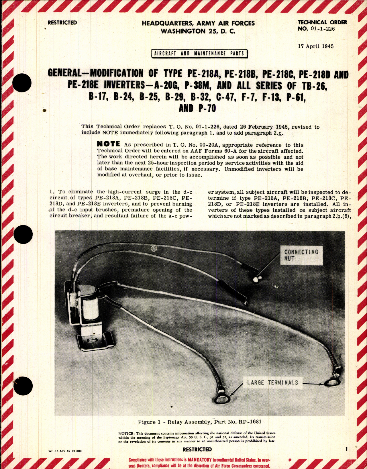 Sample page 1 from AirCorps Library document: Modification of Type PE-218A, PE-218B, PE-218C, PE-218D, and PE-218E Inverters