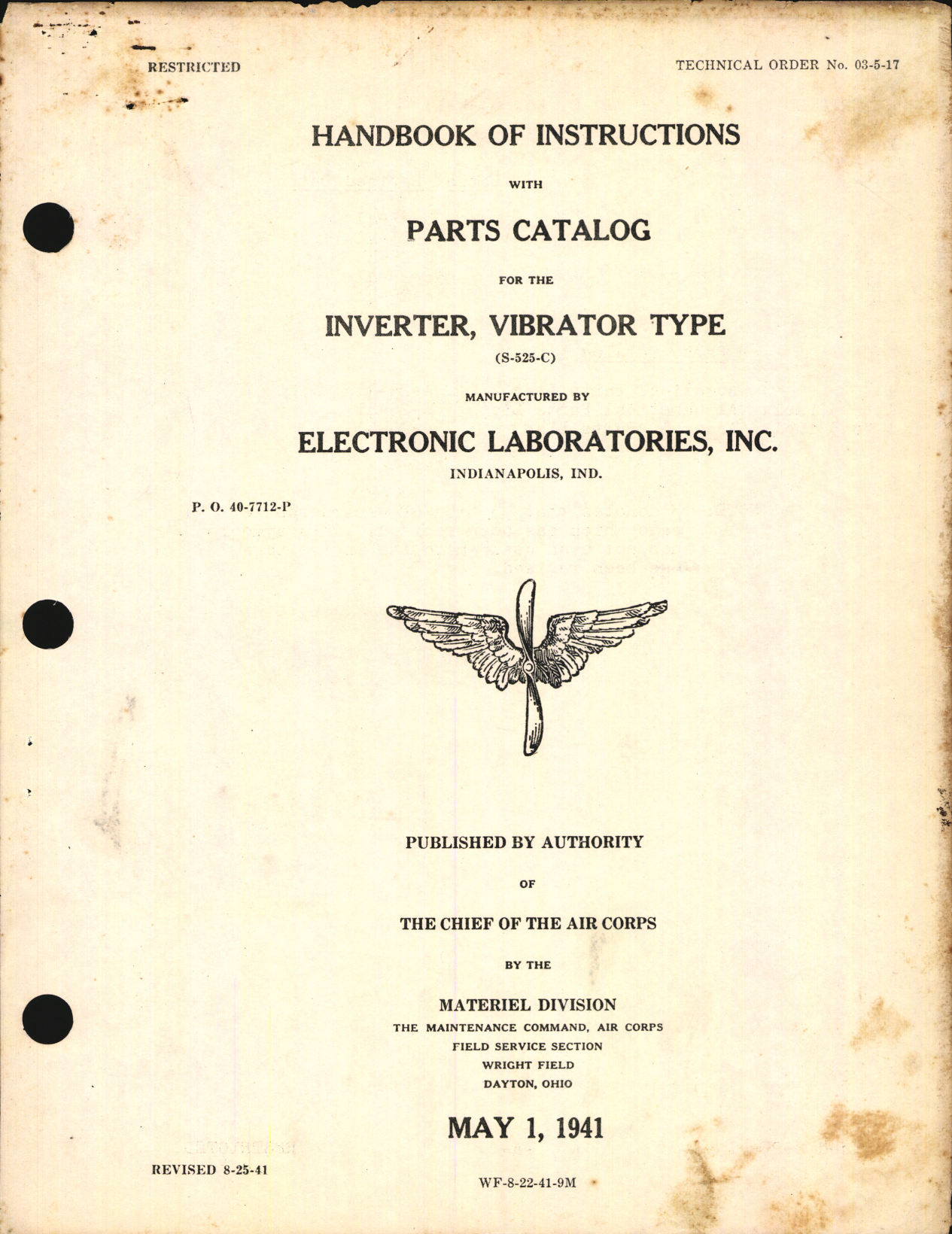 Sample page 1 from AirCorps Library document: Handbook of Instructions with Parts Catalog for Inverter, Vibrator Type S-525-C