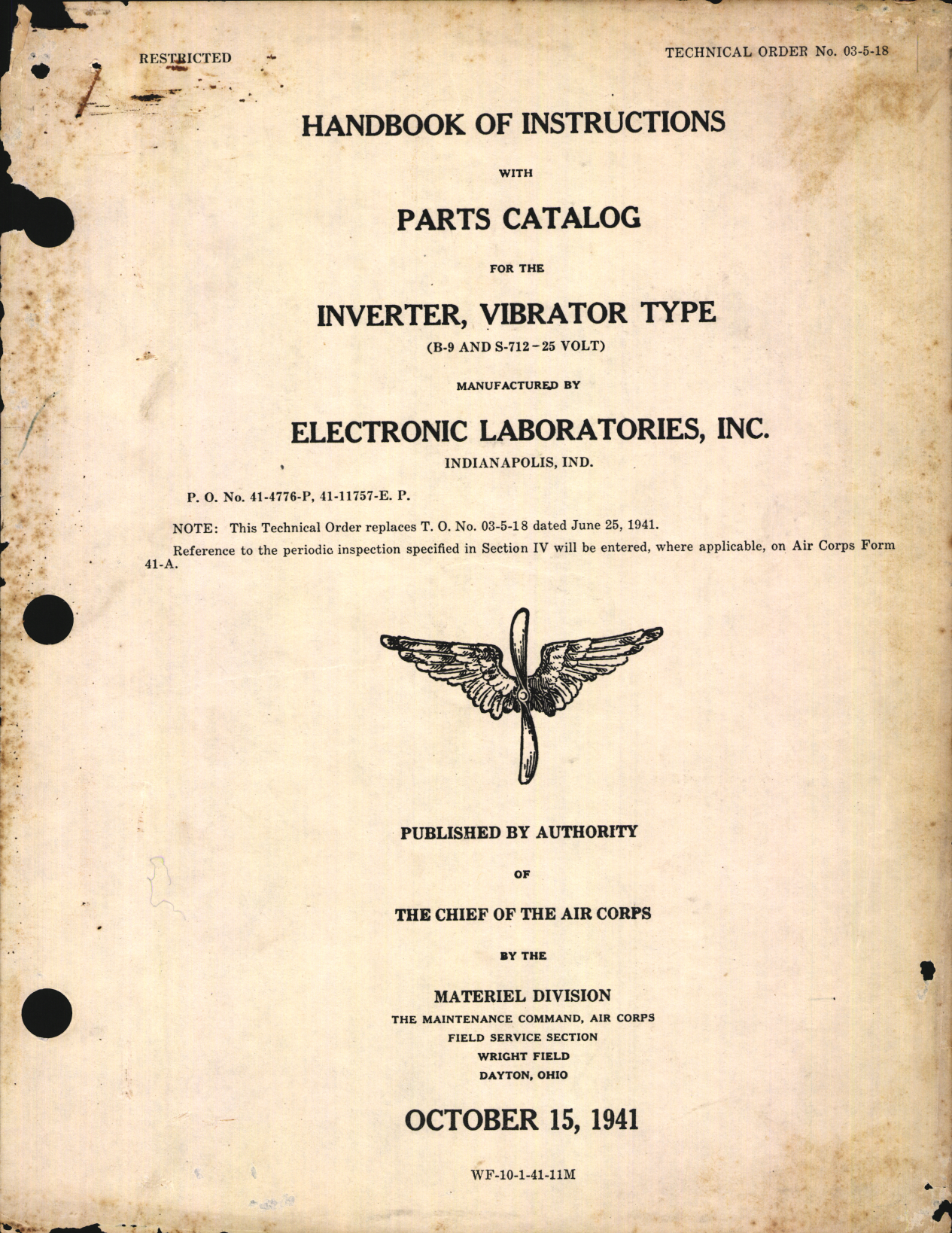 Sample page 1 from AirCorps Library document: Handbook of Instructions with Parts Catalog for Inverter, Vibrator Type B-9 and S-712 - 25 Volt