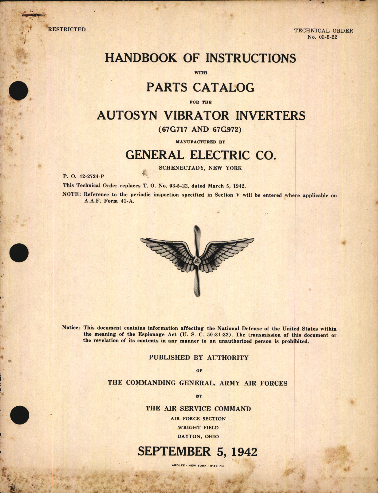 Sample page 1 from AirCorps Library document: Handbook of Instructions with Parts Catalog for Autosyn Vibrator Inverter 67G717 and 67G972