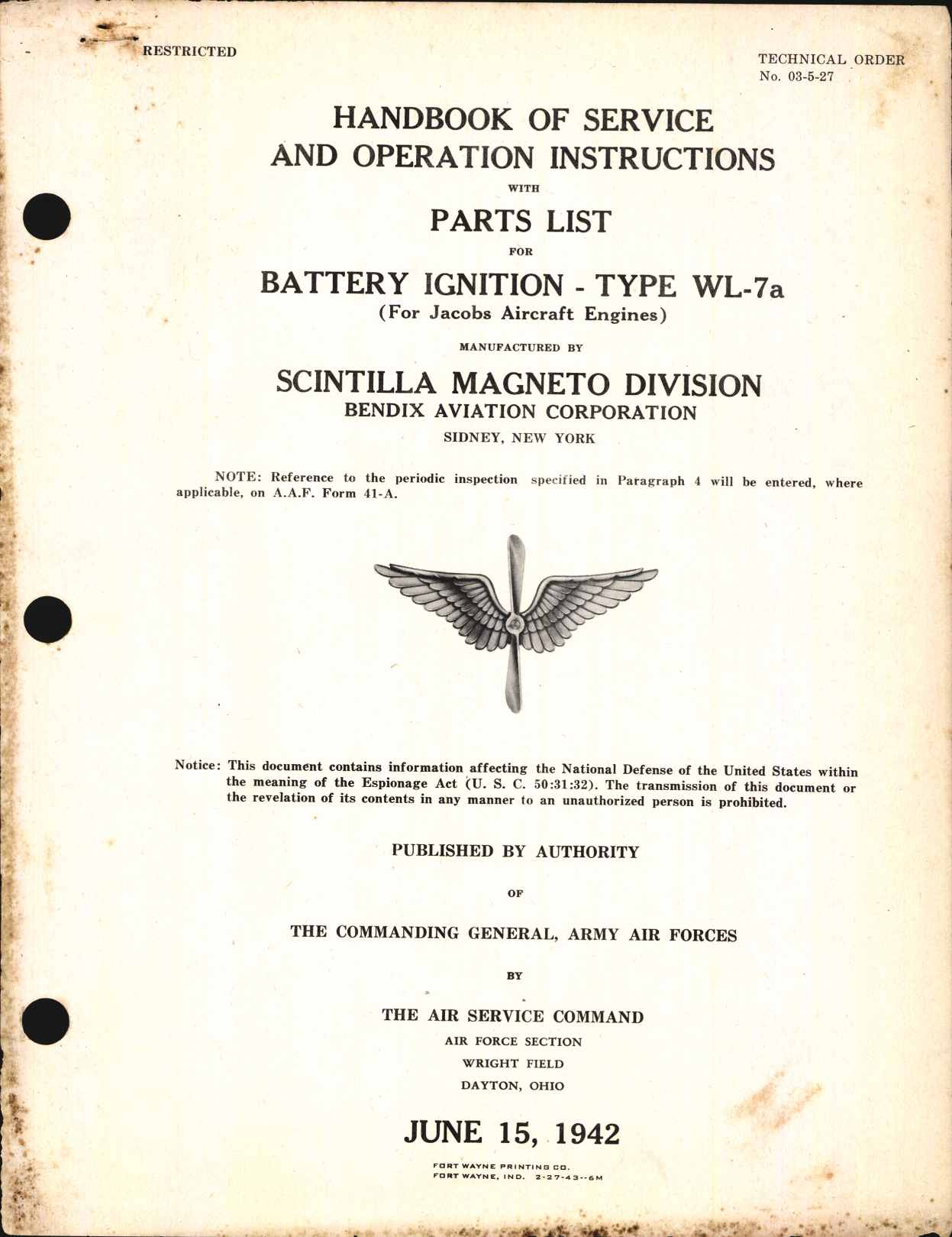 Sample page 1 from AirCorps Library document: Handbook of Service and Operation Instructions with Parts List for Battery Ignition Type WL-7A (For Jacobs Engines)