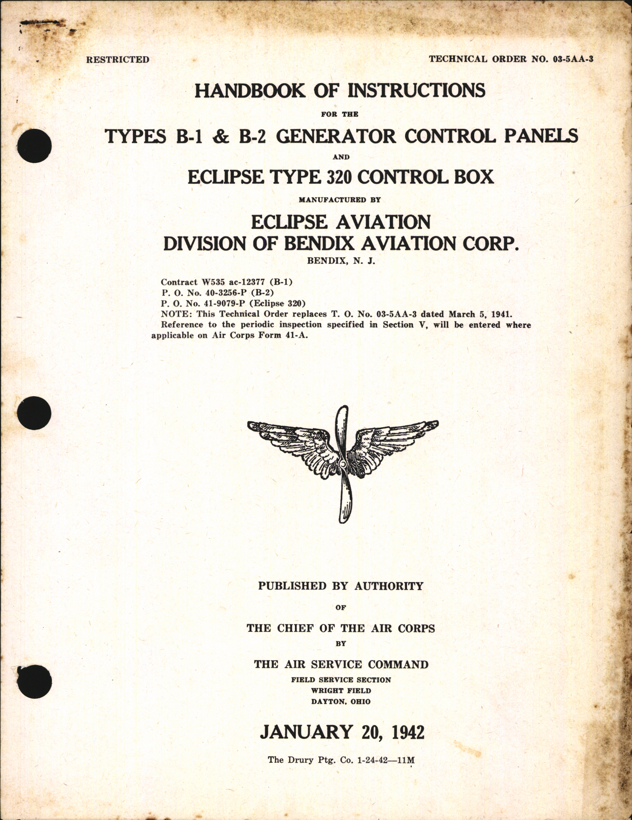 Sample page 1 from AirCorps Library document: Handbook of Instructions for Types B-1 and B-2 Generator Control Panels and Type 320 Control Box
