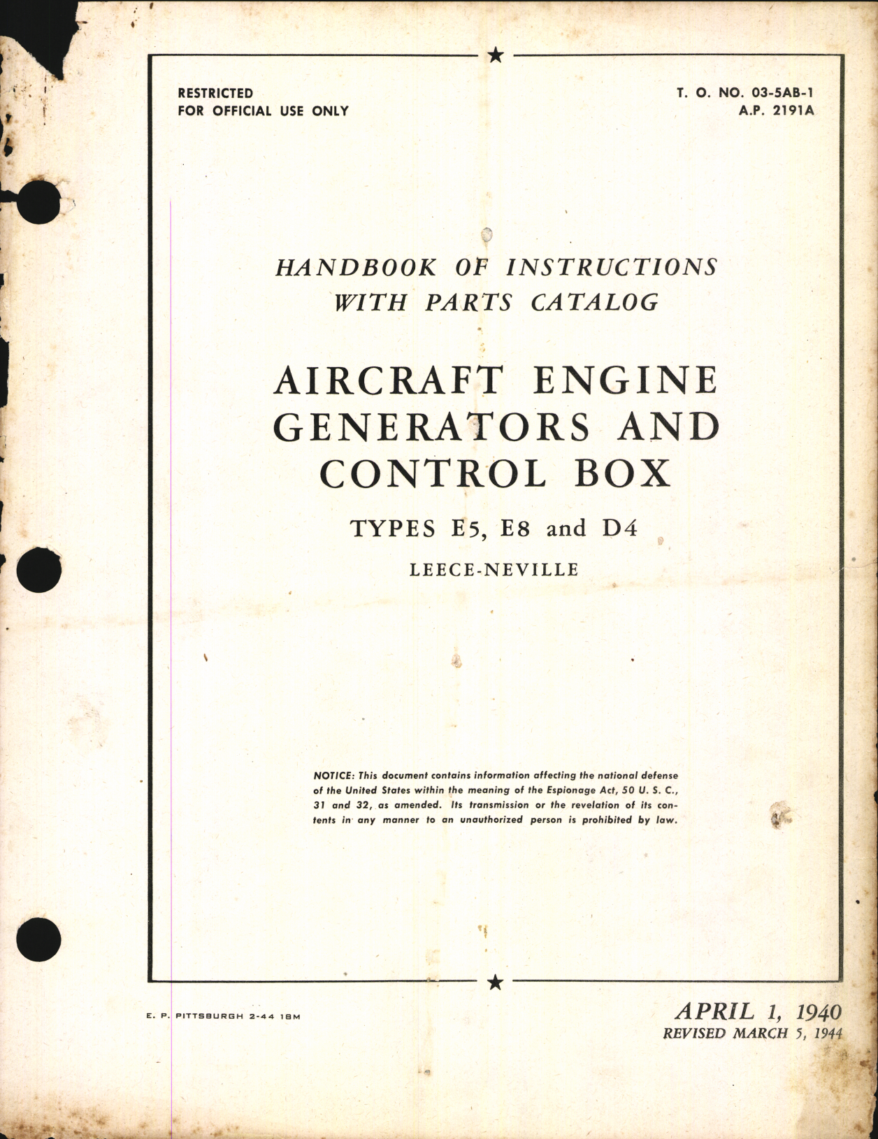 Sample page 1 from AirCorps Library document: Handbook of Instructions with Parts Catalog for Aircraft Engine Generators and Control Box Types E5, E8, and D4
