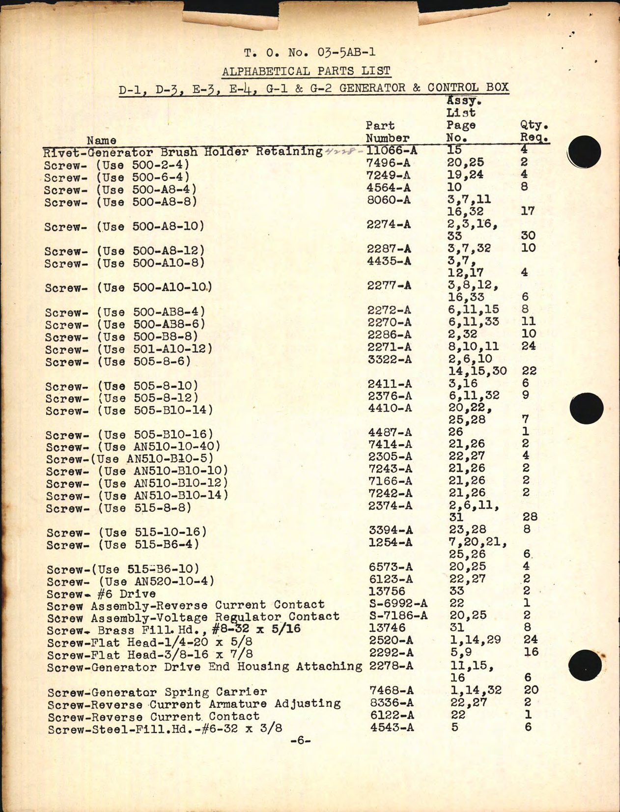 Sample page 6 from AirCorps Library document: Alphabetical Parts List for D-1, D-3, E-3, G-1, and G-2 Generators and Control Box