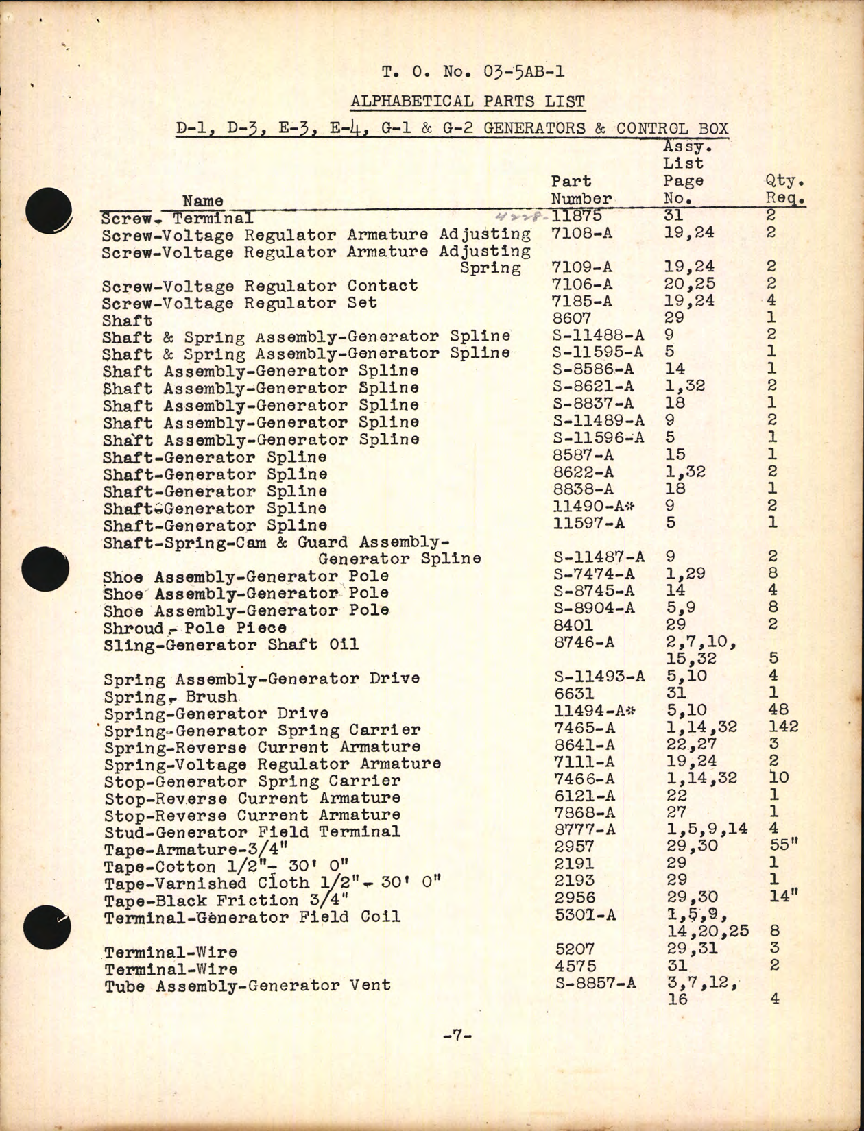 Sample page 7 from AirCorps Library document: Alphabetical Parts List for D-1, D-3, E-3, G-1, and G-2 Generators and Control Box