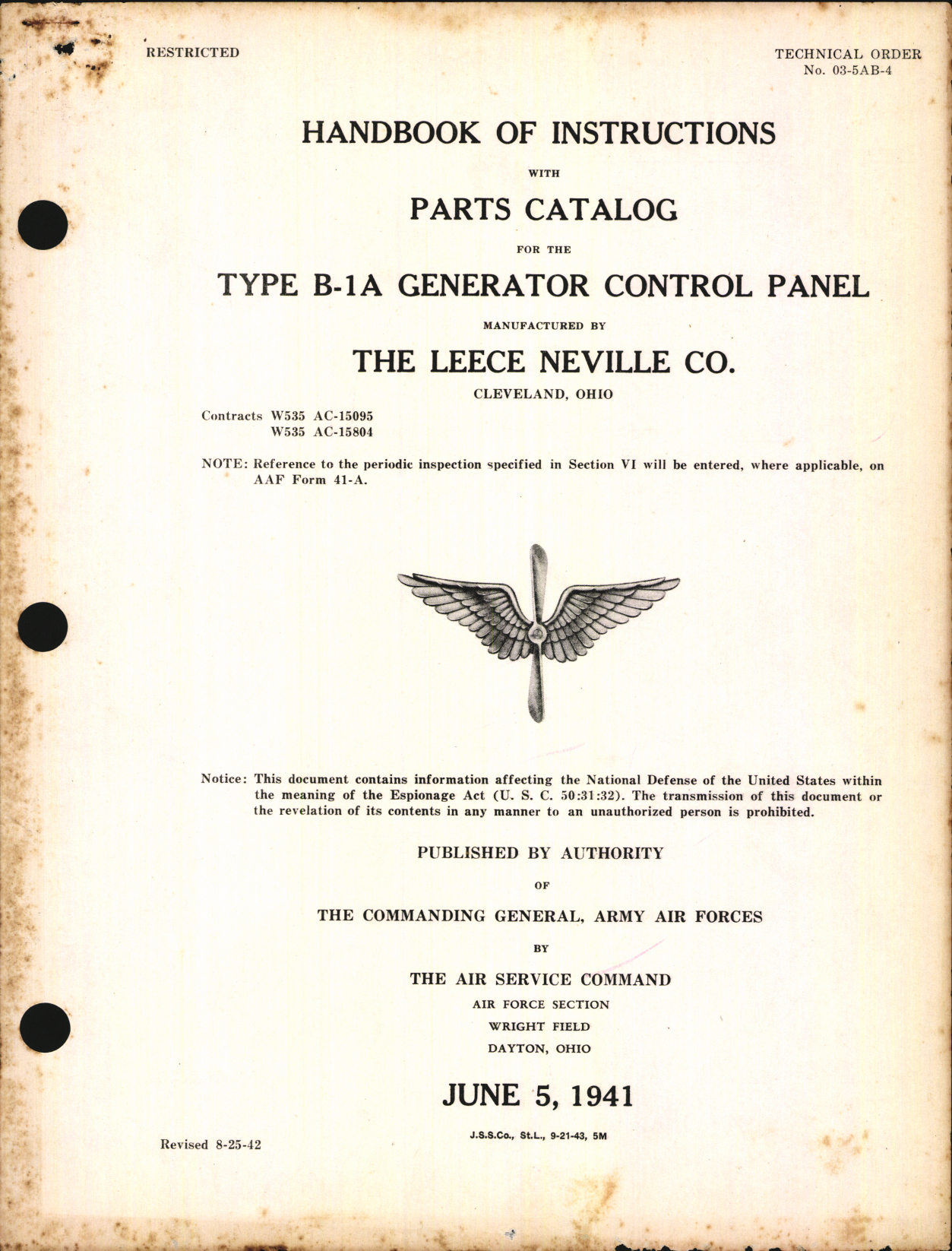 Sample page 1 from AirCorps Library document: Handbook of Instructions with Parts Catalog for Type B-1A Generator Control Panel