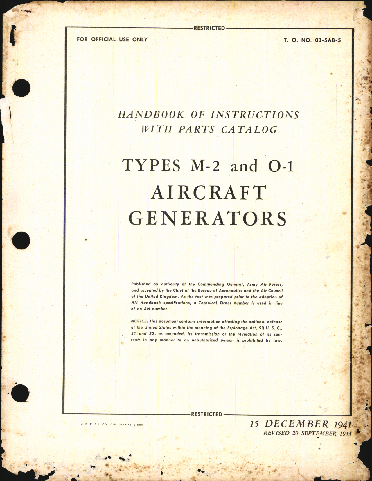Sample page 1 from AirCorps Library document: Handbook of Instructions with Parts Catalog for Types M-2 and O-1 Aircraft Generators