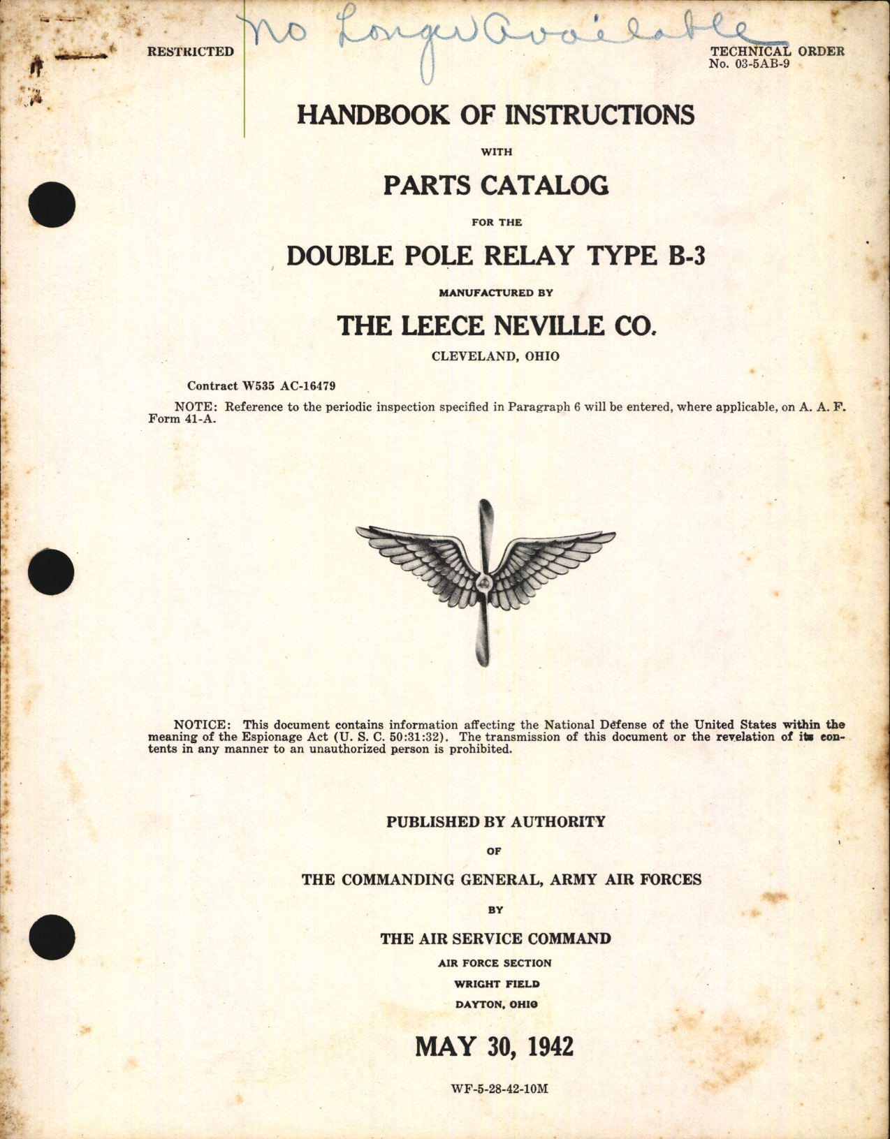 Sample page 1 from AirCorps Library document: Handbook of Instructions with Parts Catalog for Double Relay Type B-3