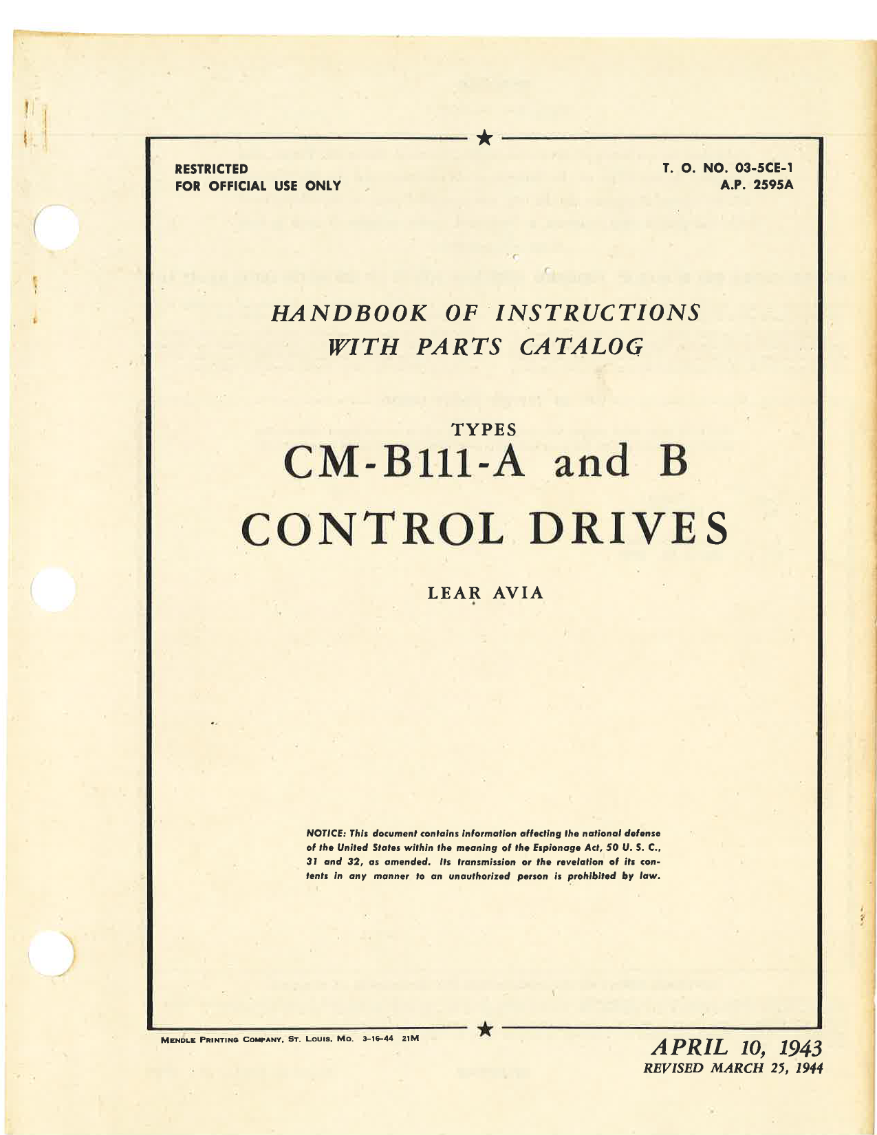 Sample page 1 from AirCorps Library document: Handbook of Instructions with Parts Catalog for Types CM-B111-A and B Control Drives
