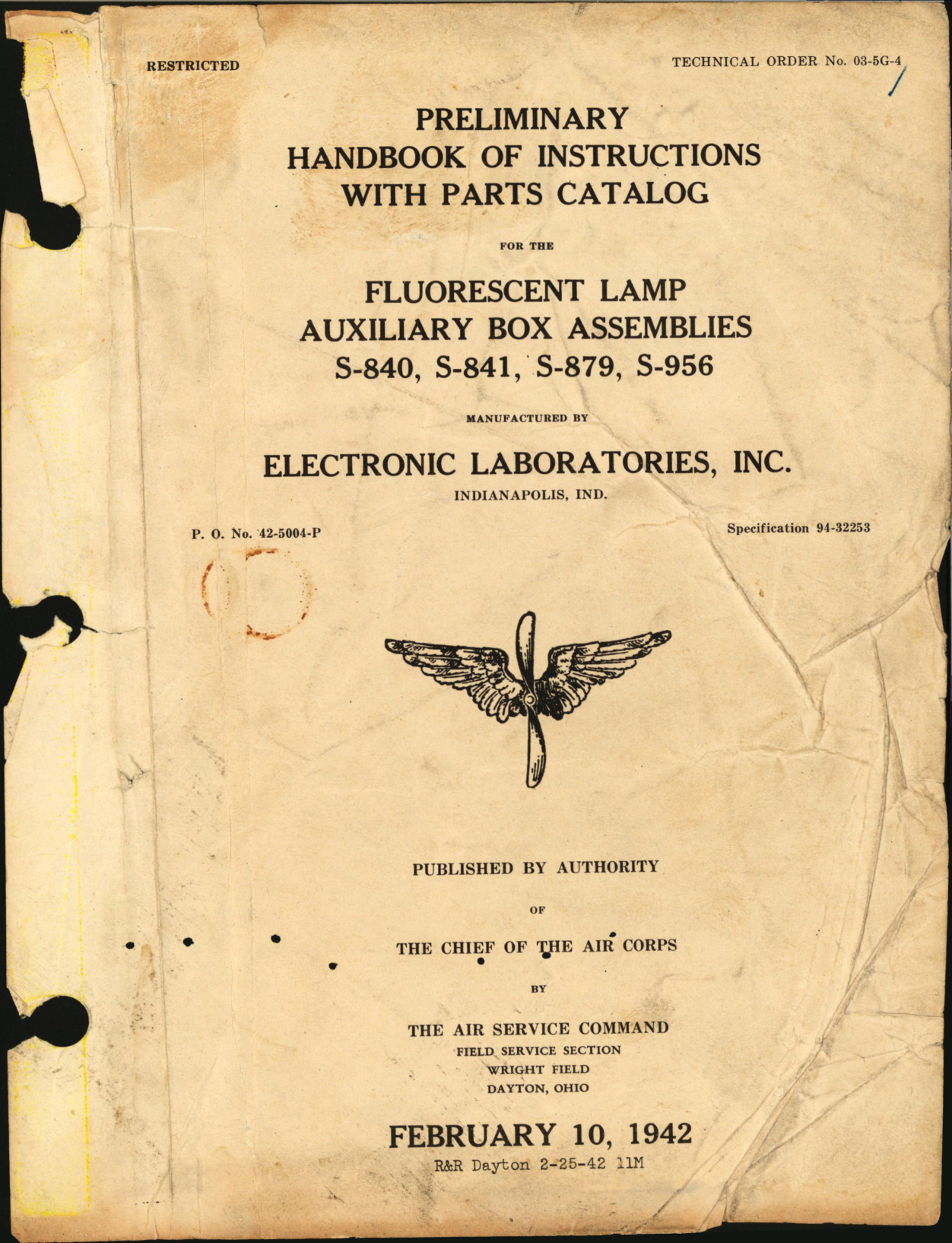 Sample page 1 from AirCorps Library document: Preliminary Handbook of Instructions with Parts Catalog for Fluorescent Lamp Auxiliary Box Assemblies S-840, S-841, S-879, and S-956