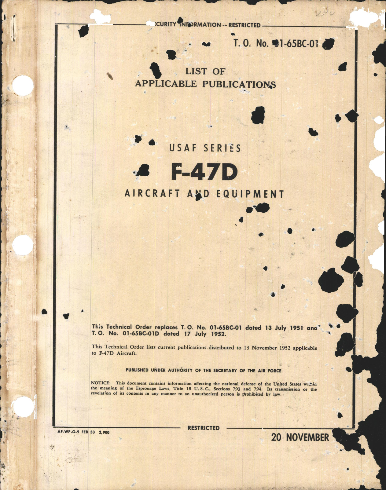 Sample page 1 from AirCorps Library document: List of Applicable Publications for the F-47D (Aircraft & Equipment)