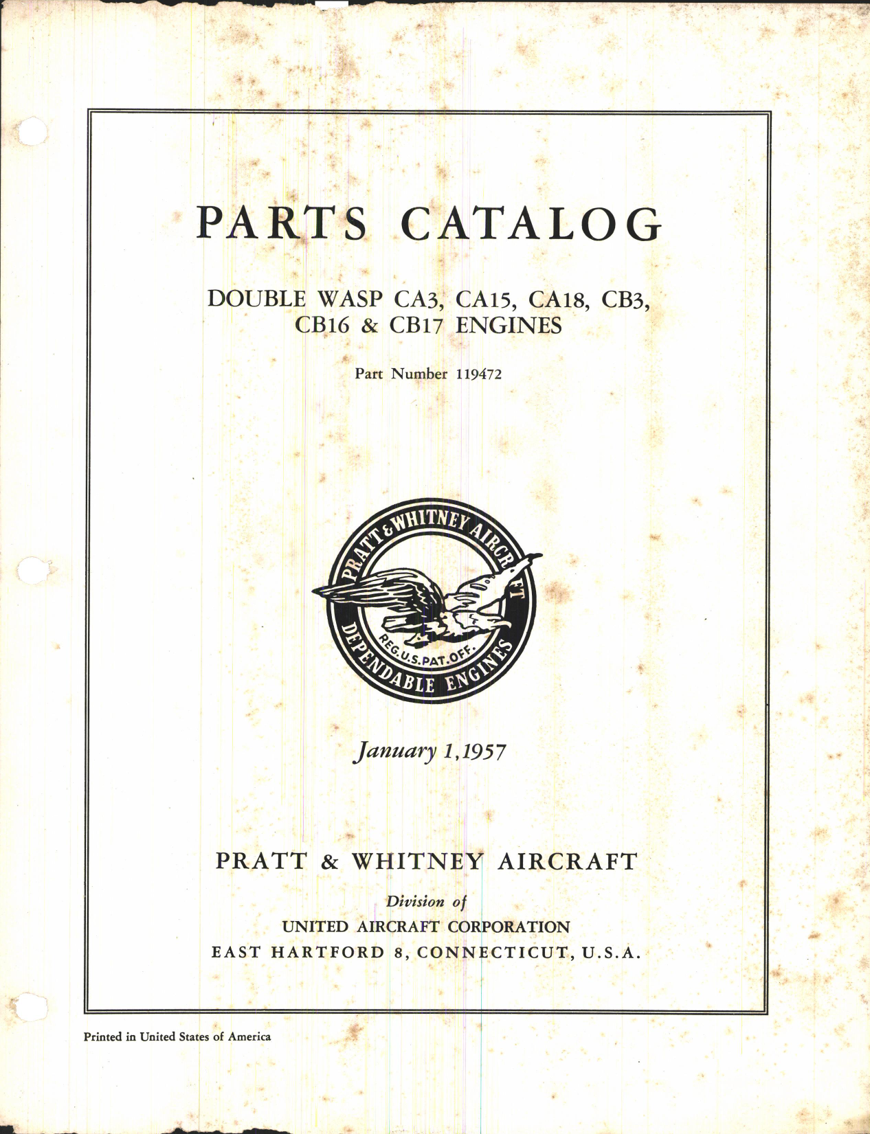 Sample page 1 from AirCorps Library document: Parts Catalog for Double Wasp CA3, CA15, CA18, CB3, CB16, & CB17 Engines