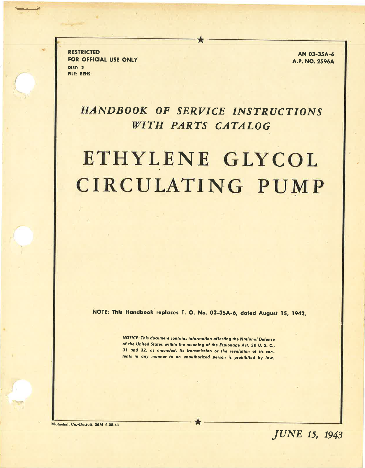 Sample page 1 from AirCorps Library document: Service Instructions with Parts Catalog for Ethylene Glycol Circulating Pump