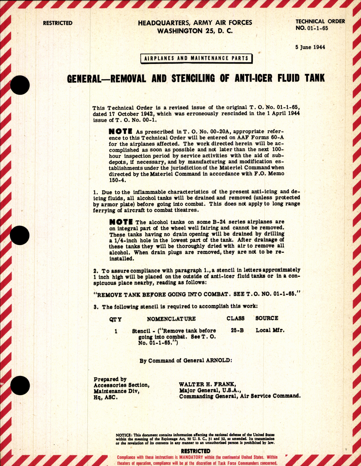 Sample page 1 from AirCorps Library document: Removal and Stenciling of Anti-Icer Fluid Tank
