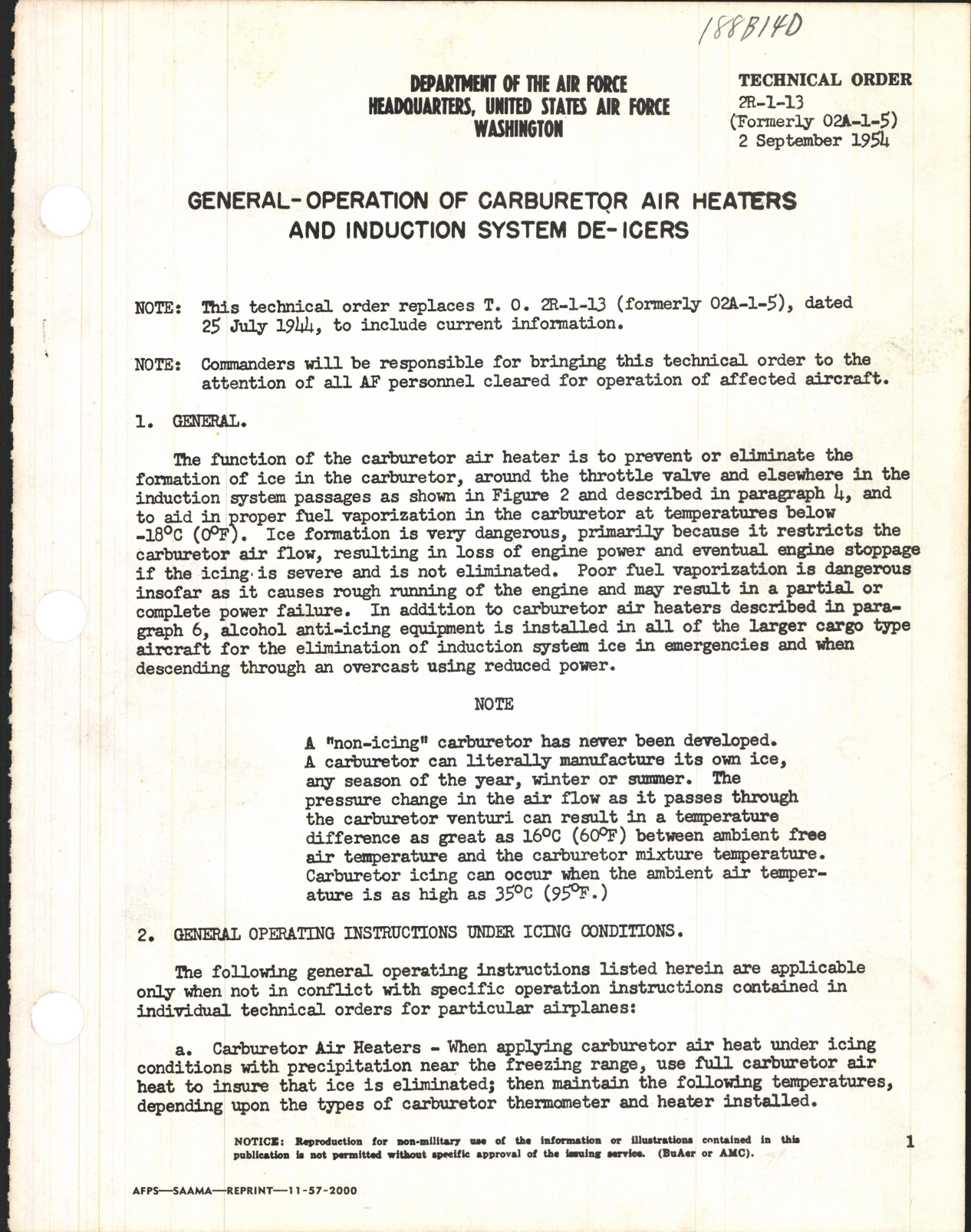 Sample page 1 from AirCorps Library document: Operation of Carburetor Air Heaters and Induction System De-Icers